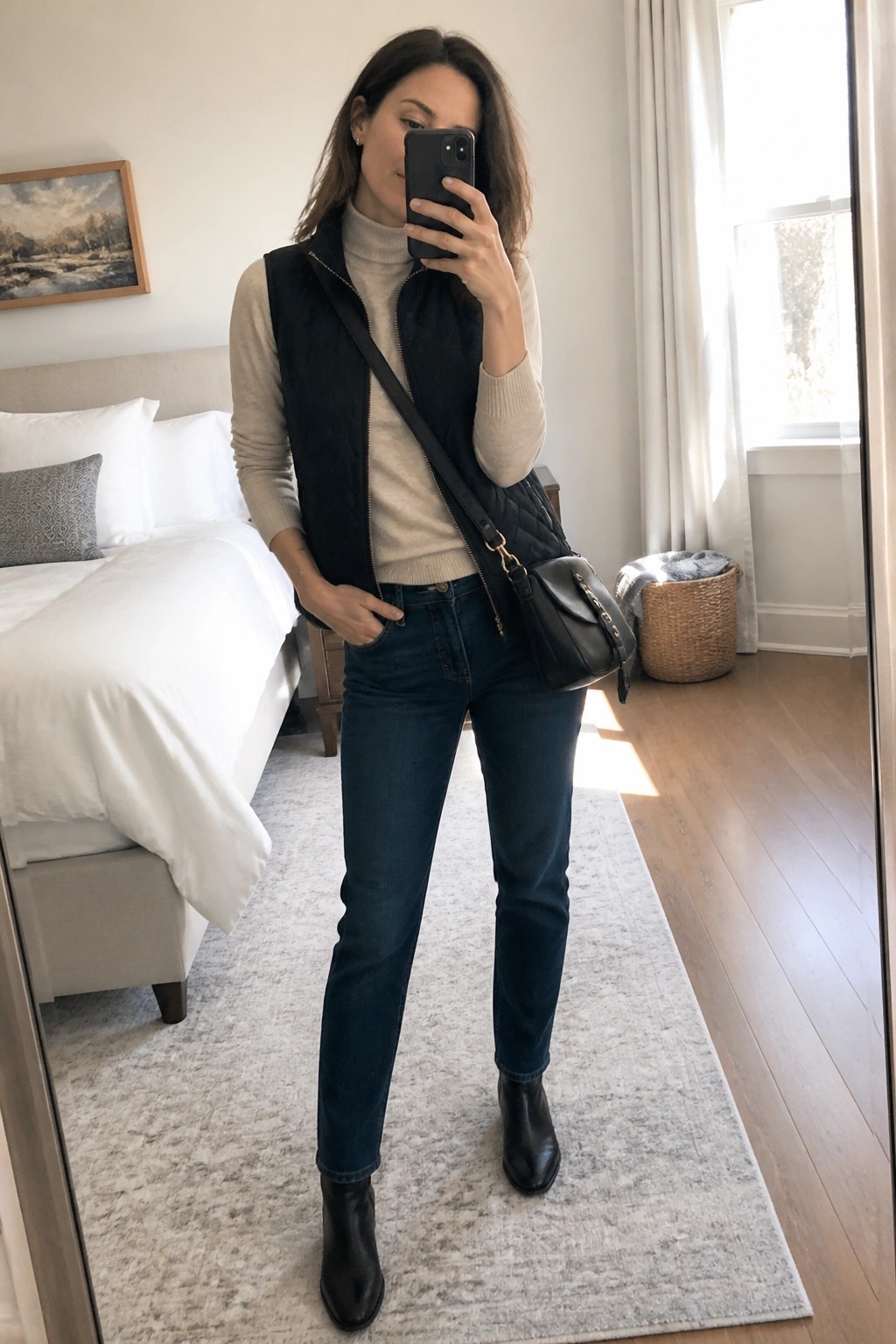 Woman in beige turtleneck, black quilted vest, and blue jeans taking bedroom selfie.
