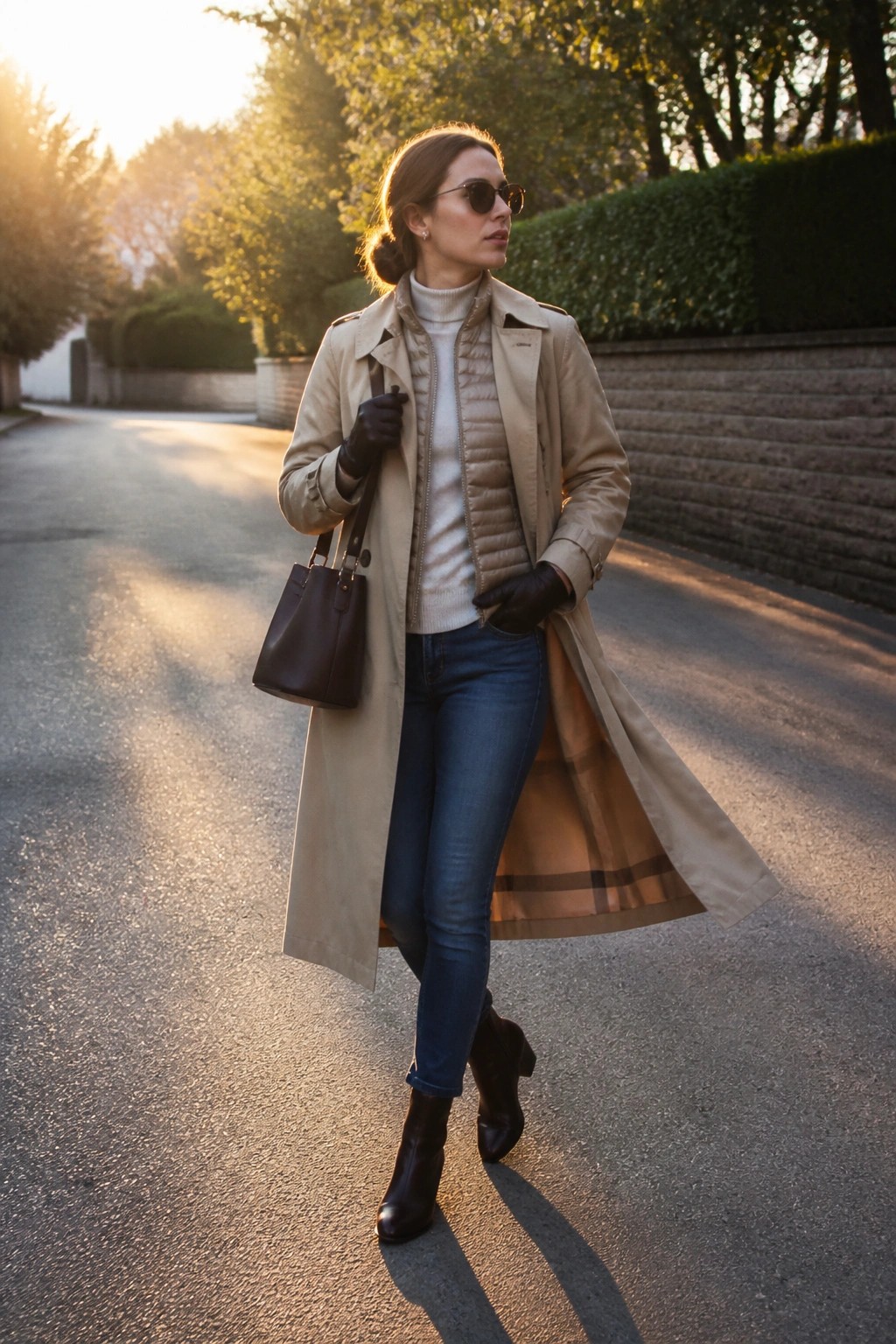 A woman in a long beige trench coat worn open over a white turtleneck sweater and beige quilted vest paired with blue jeans brown leather ankle boots and a dark handbag.