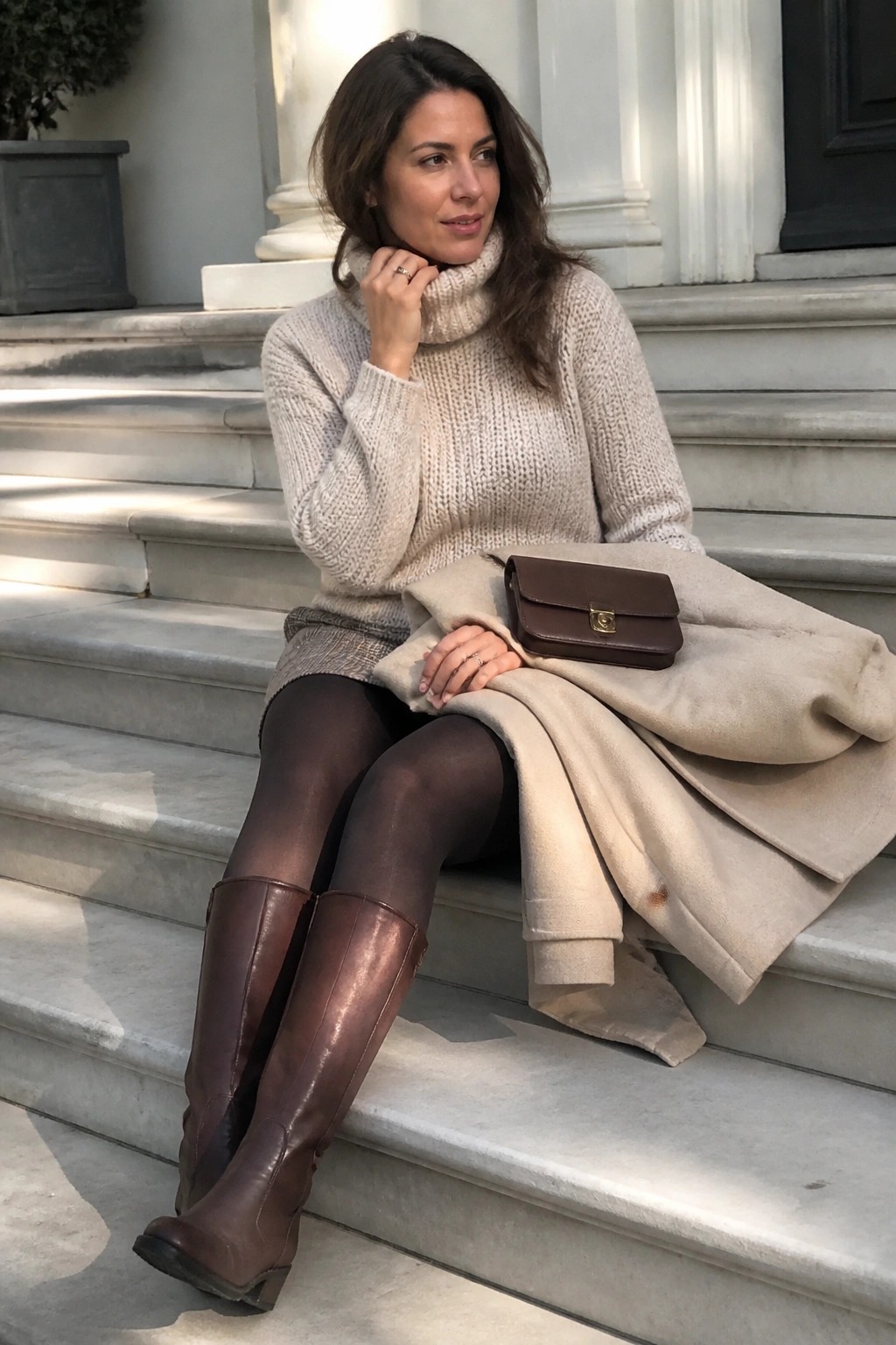 Woman seated on stone steps wearing a cream chunky turtleneck sweater, light beige coat draped over lap, dark tights, brown knee high leather boots and holding a small brown leather bag.