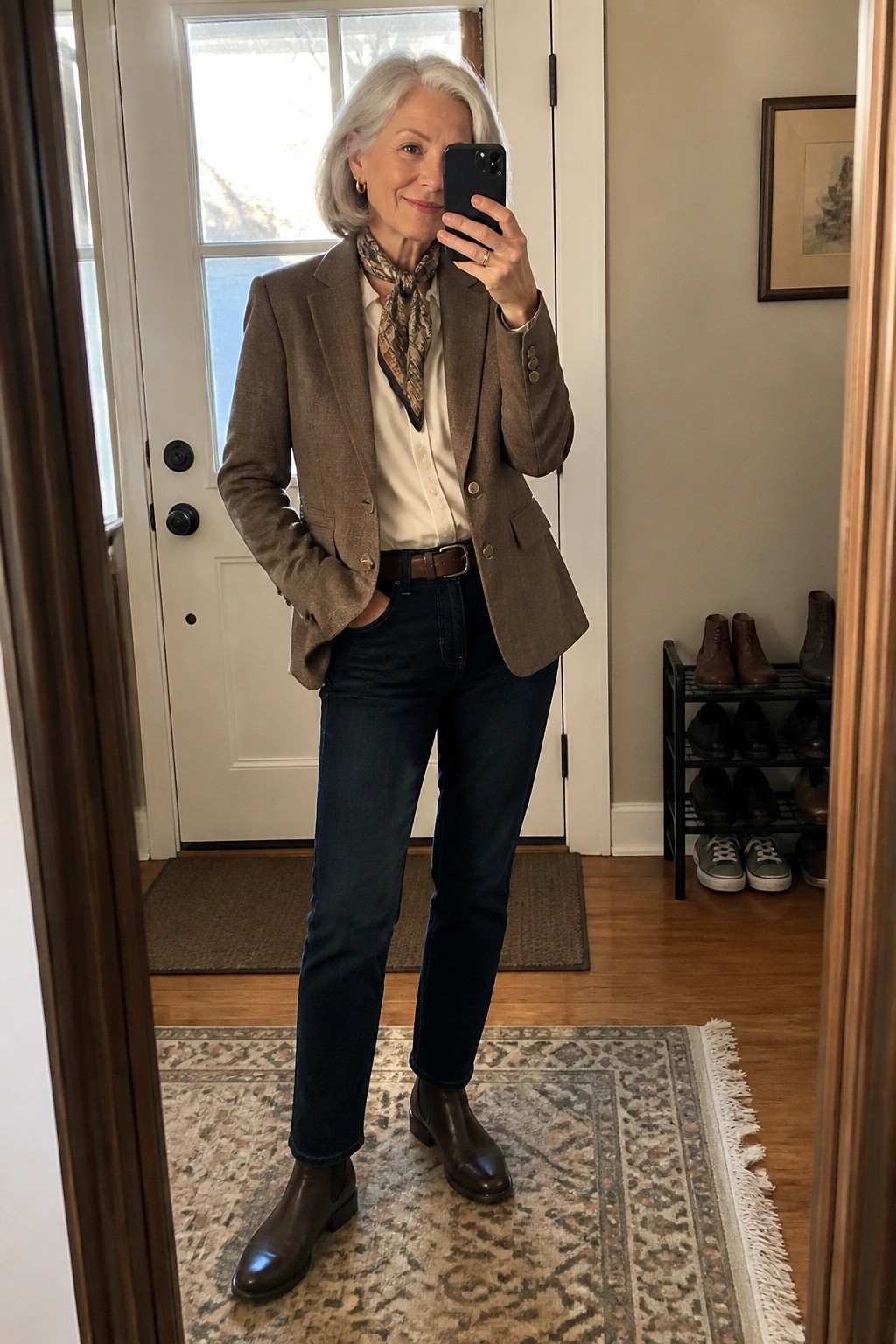 Woman over 60 wearing a brown tweed blazer over a white button-down shirt with a patterned scarf, dark straight-leg jeans, brown leather belt, and brown chelsea boots in a full-length mirror selfie.