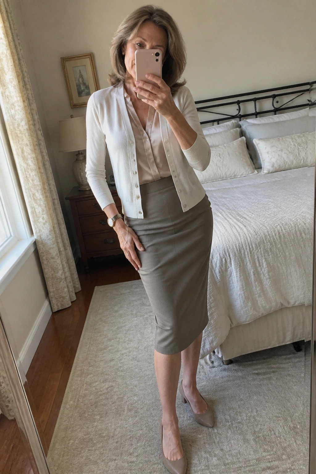 Woman in white cardigan and taupe skirt taking bedroom mirror selfie
