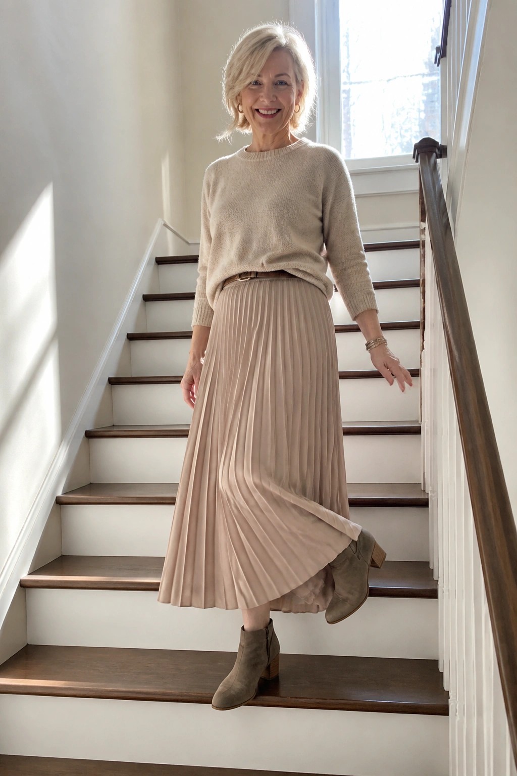 Woman over 60 wearing a cream knit sweater tucked into a beige pleated midi skirt with a thin brown belt, paired with taupe suede ankle boots and simple gold jewelry, standing on wooden stairs.
