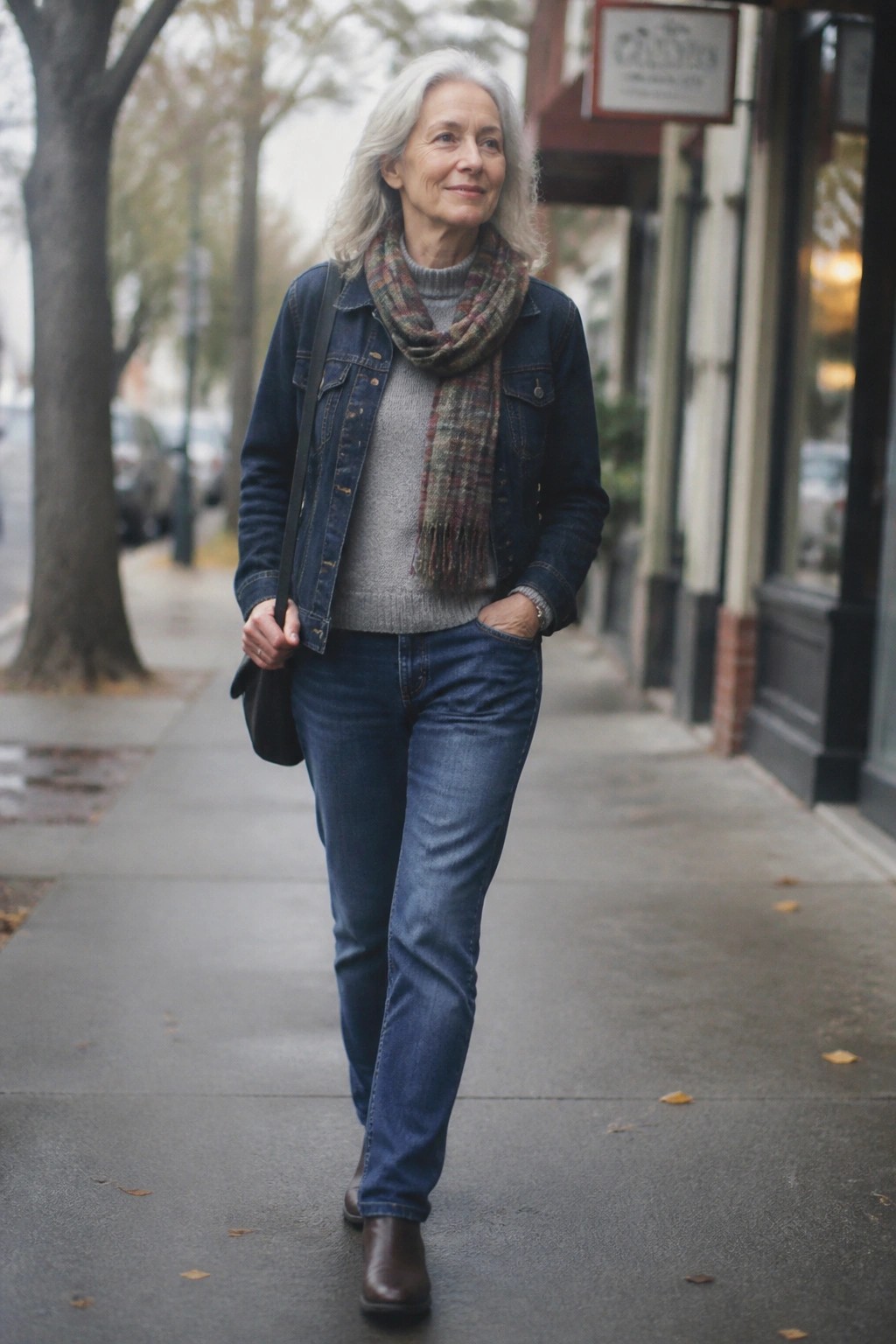 Gray-haired woman in denim jacket, plaid scarf and jeans on sidewalk