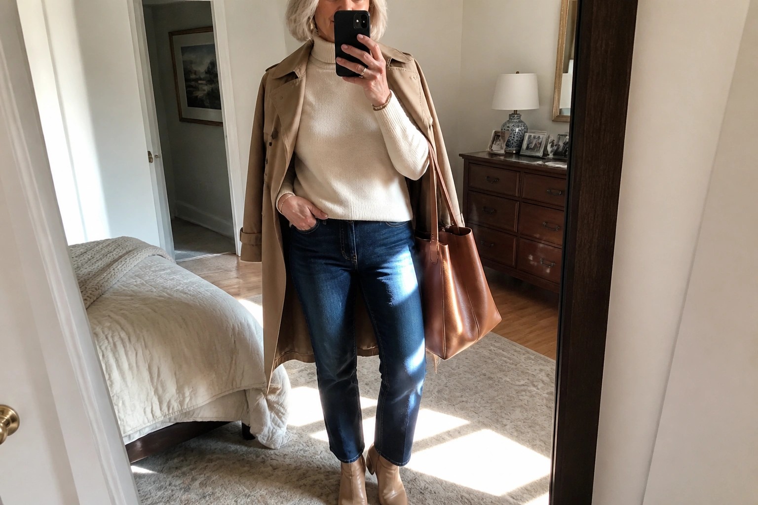 Blonde woman in beige trench coat and jeans taking bedroom mirror selfie with tote bag.