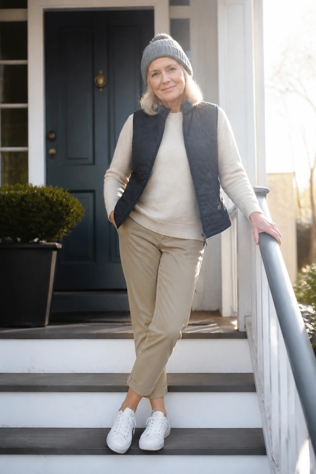 Elderly woman in quilted vest and beanie on front porch steps