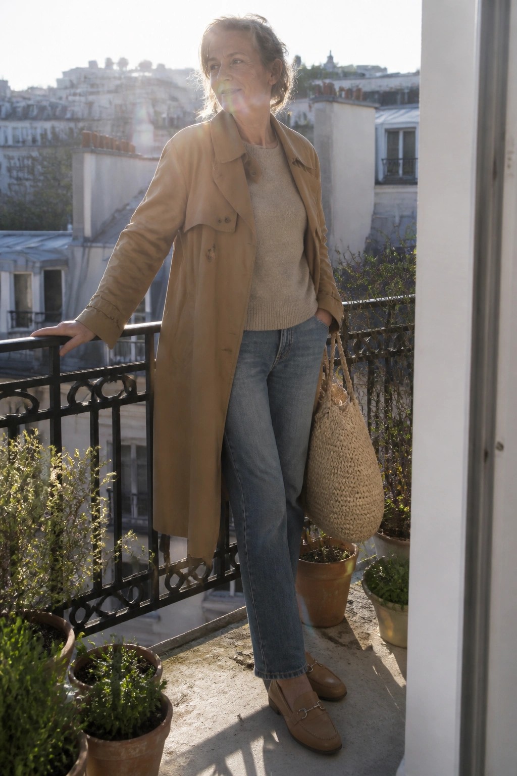 Woman in tan trench coat and jeans with woven bag on sunny Paris balcony.
