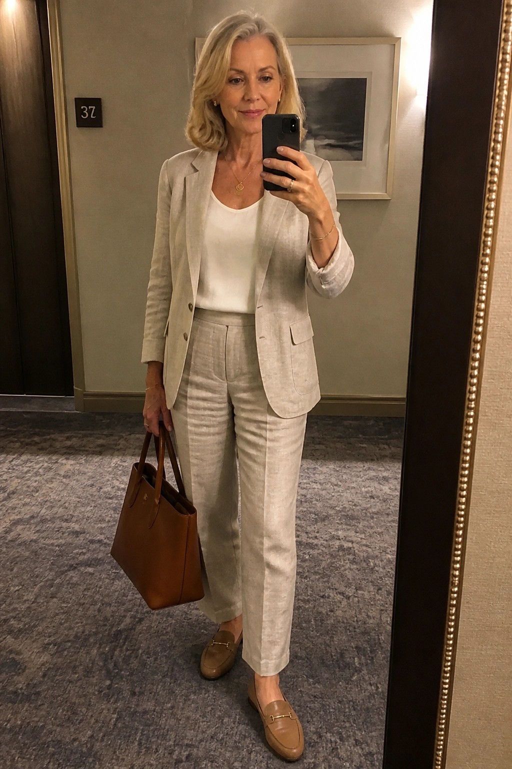 Blonde woman in beige linen suit holds brown tote for mirror selfie in hallway