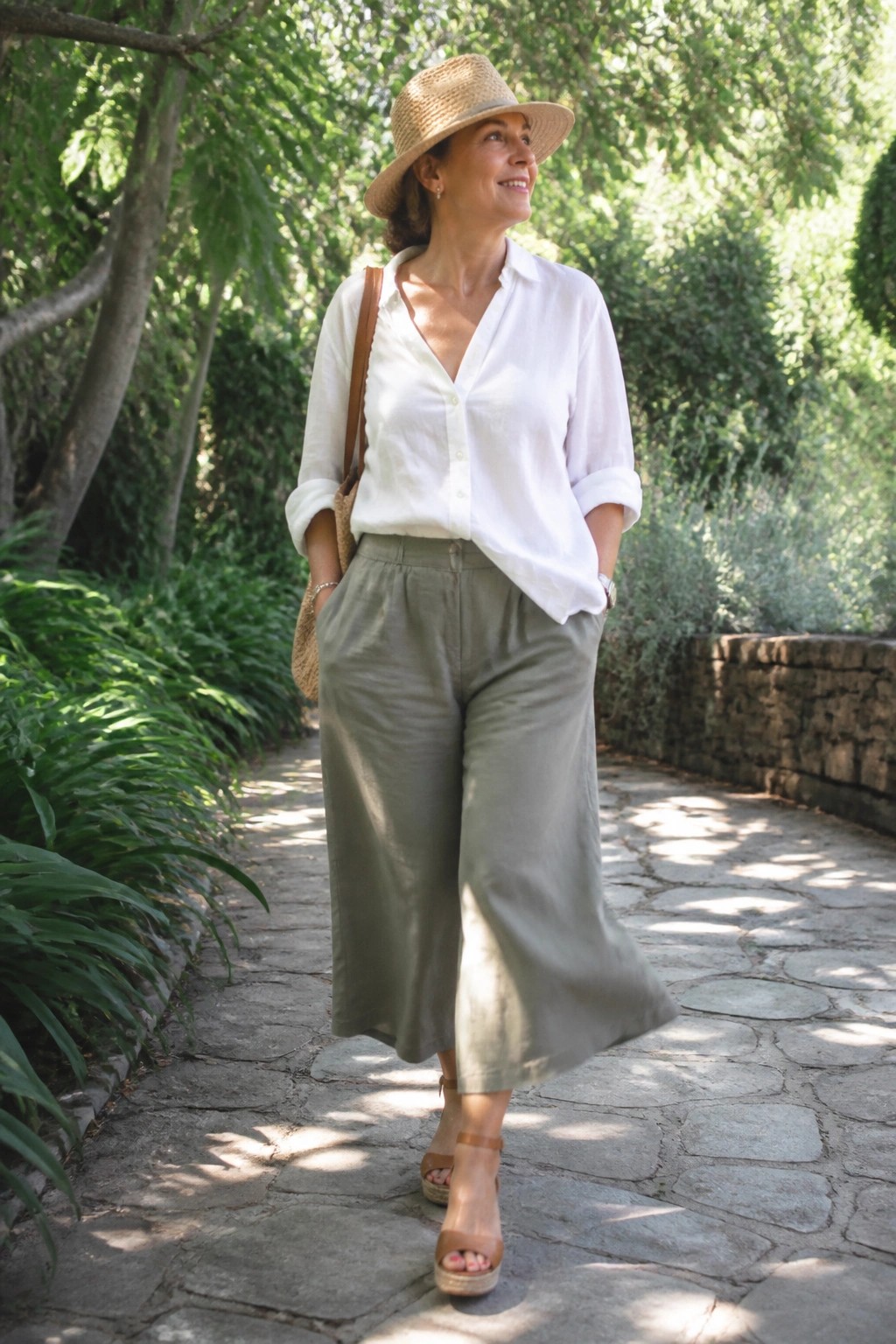 Woman in white shirt and green pants with straw hat on garden path