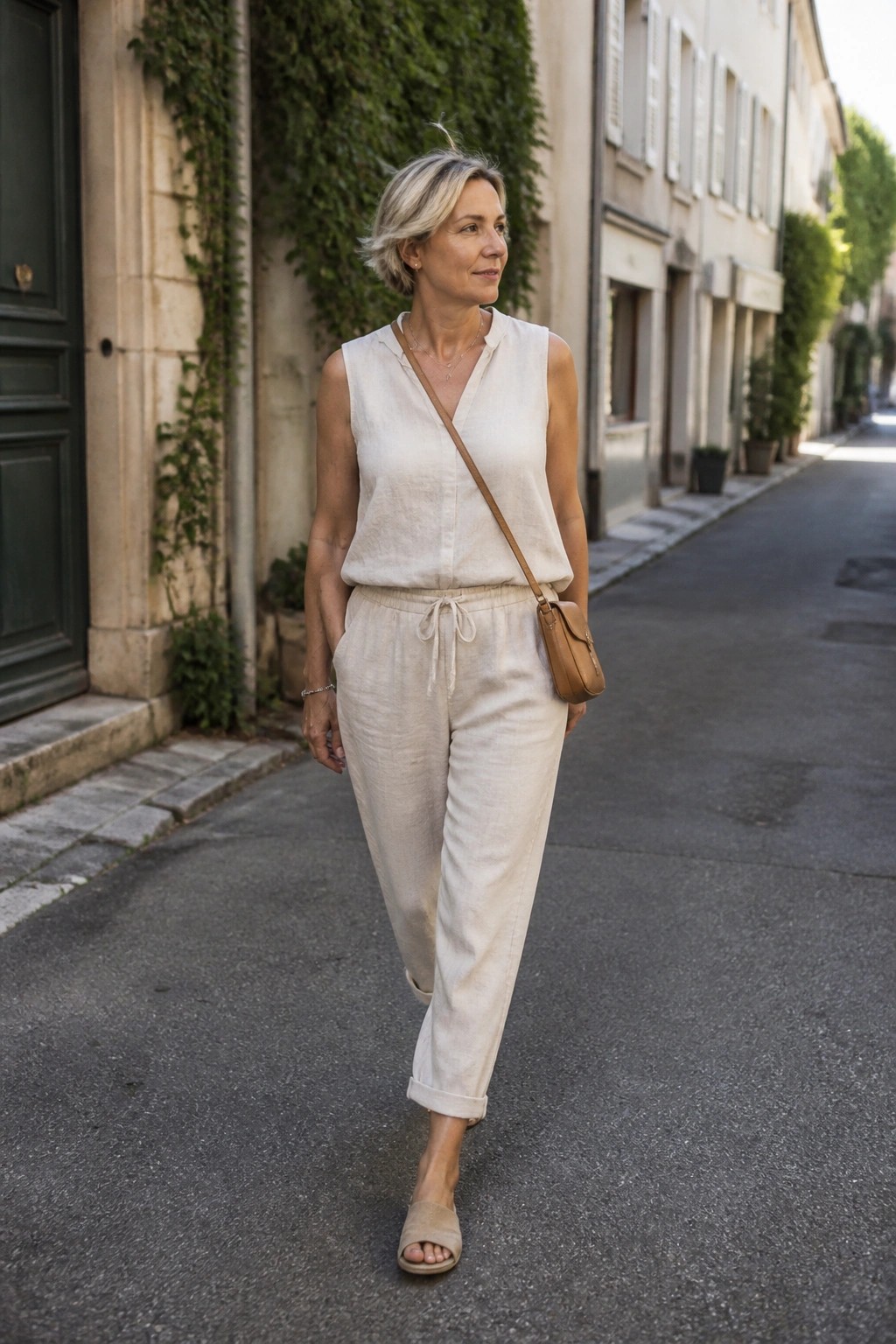 Short-haired woman in beige linen top and pants strolling on quiet street