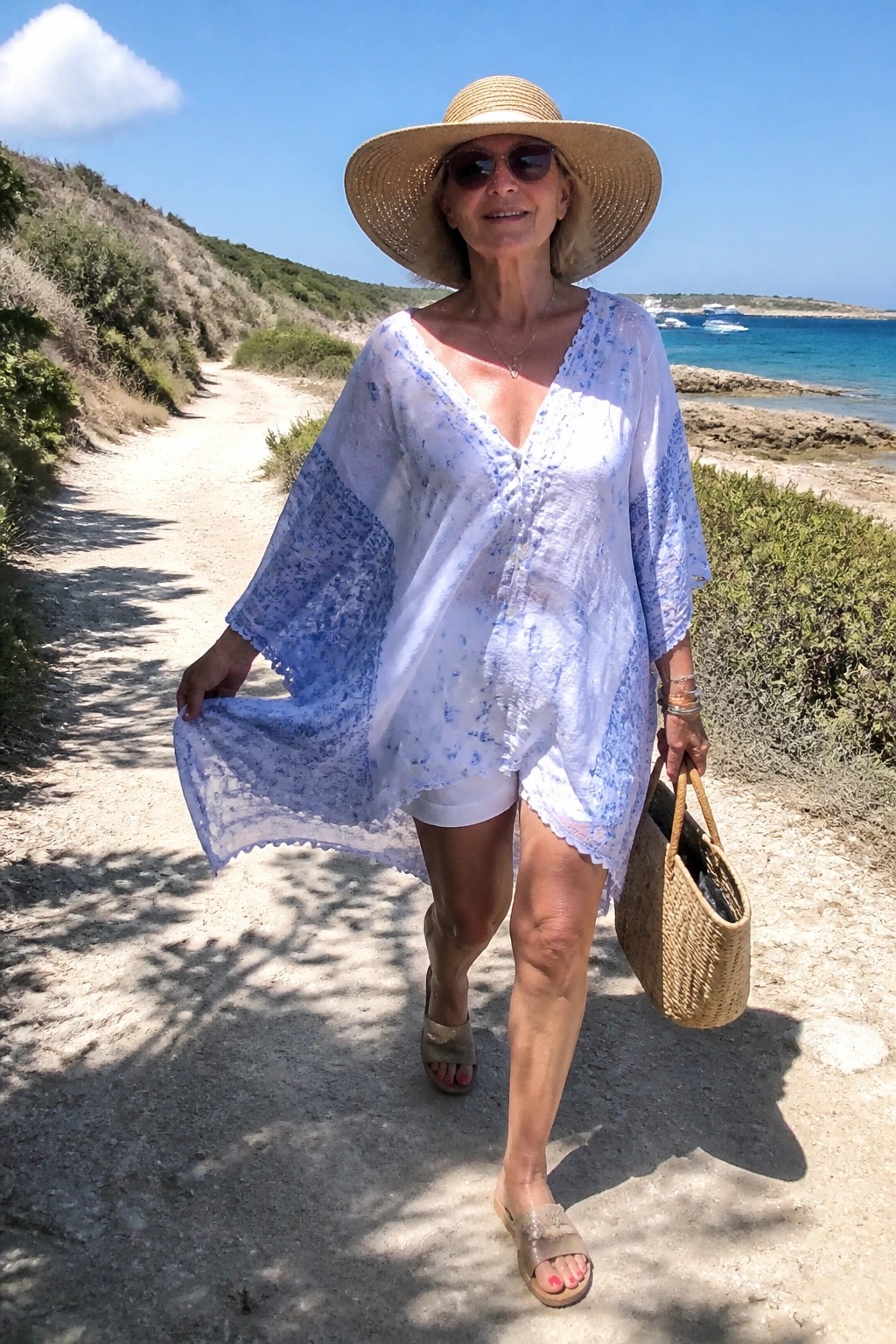 Woman over 50 in white and blue patterned loose tunic over white shorts with straw hat, woven tote bag, and beige sandals on a path.