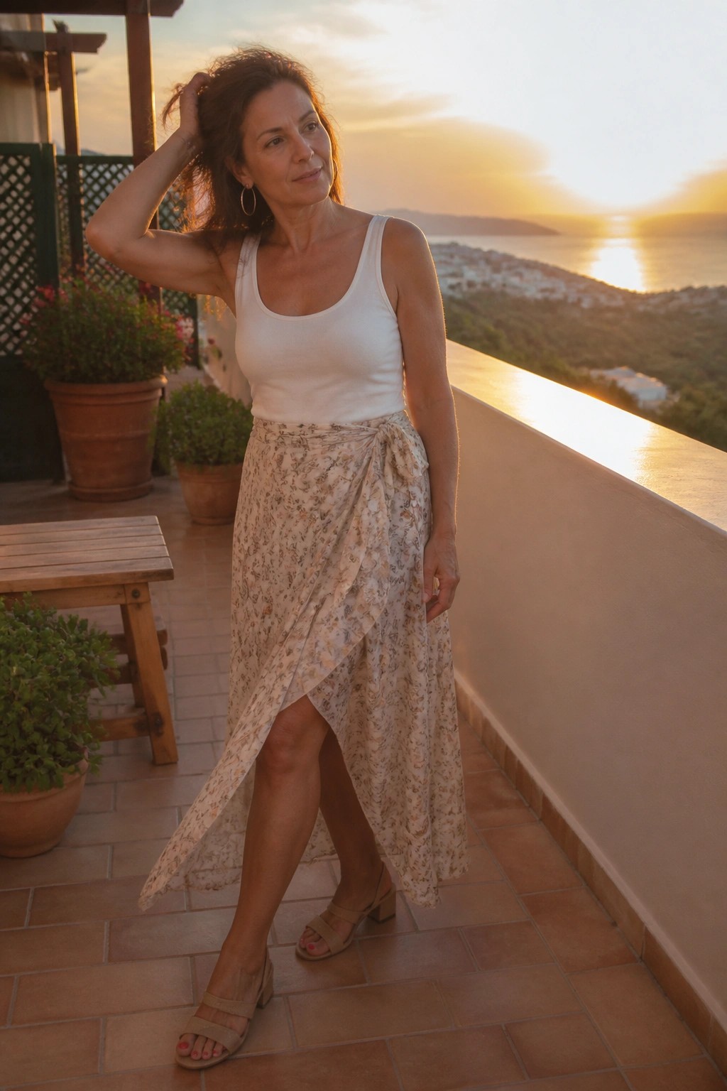 Woman in white top and floral skirt on sunset sea-view terrace with hand in hair
