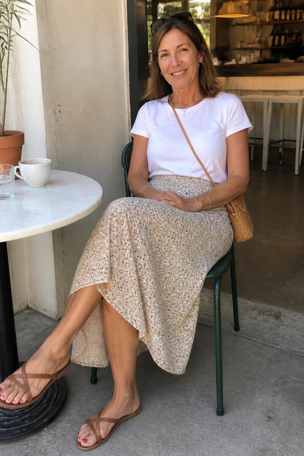 Woman in white t-shirt and patterned skirt at outdoor cafe table