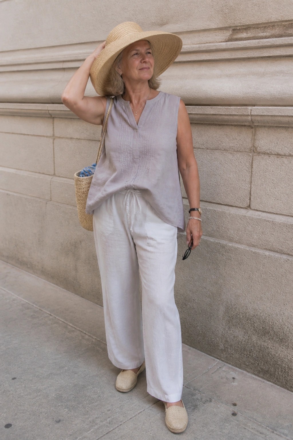 Elderly woman in lavender top and white pants wearing straw hat outdoors