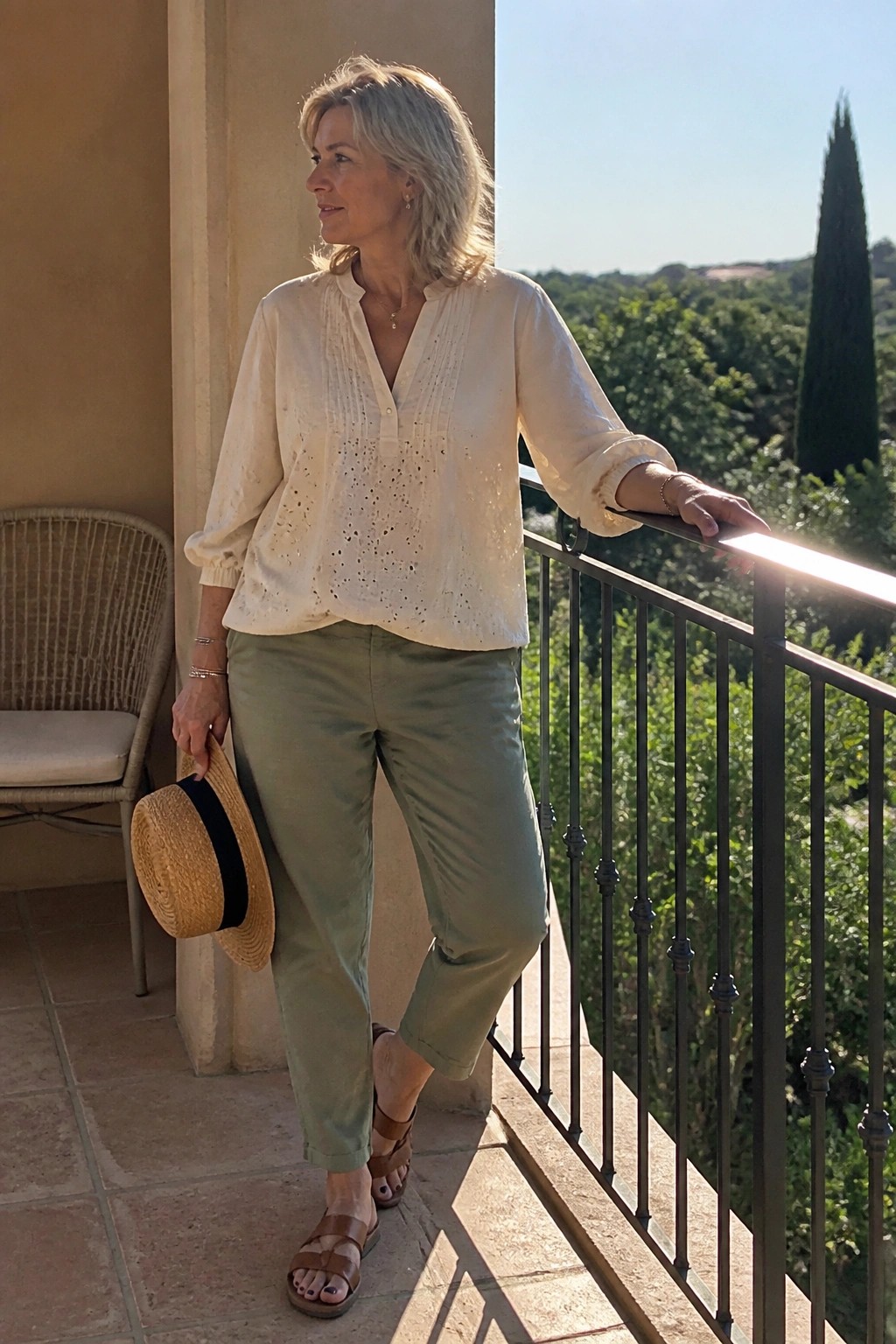 Woman wearing a cream embroidered blouse tucked loosely into sage green cuffed pants with brown sandals and holding a straw hat.