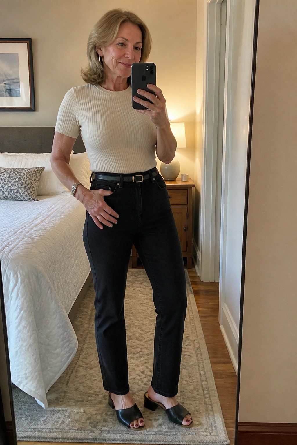 Woman over 50 wearing a cream ribbed short sleeve top tucked into black straight leg jeans with a black belt and black heeled mules while taking a mirror selfie in a bedroom setting