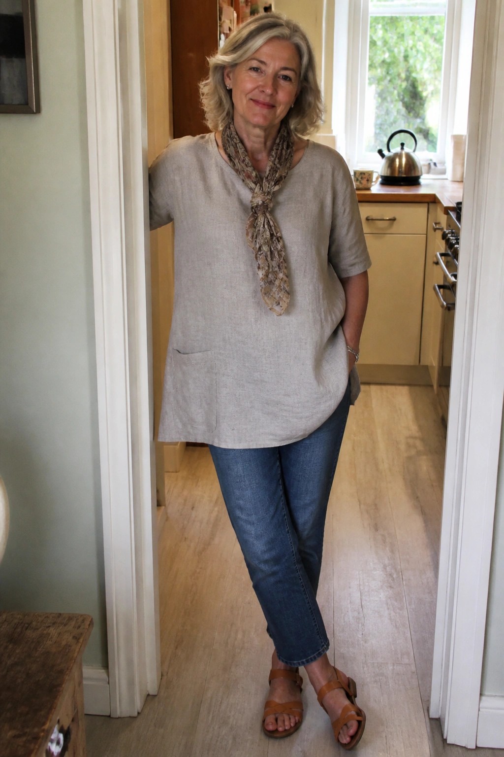 Gray-haired woman in beige top with scarf and blue jeans in doorway