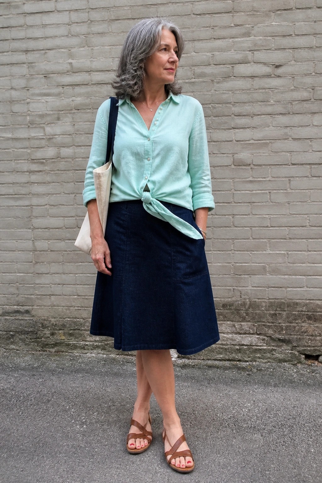 Woman over 50 in a mint green button-up shirt tied in a knot at the waist, paired with a dark blue denim A-line skirt, brown strappy sandals, and a cream canvas tote bag slung over one shoulder.