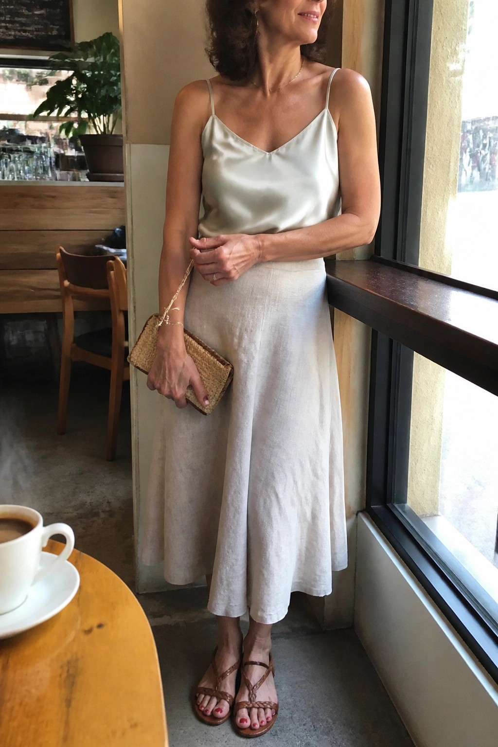 Woman in cream satin camisole and linen skirt holding woven clutch in cafe