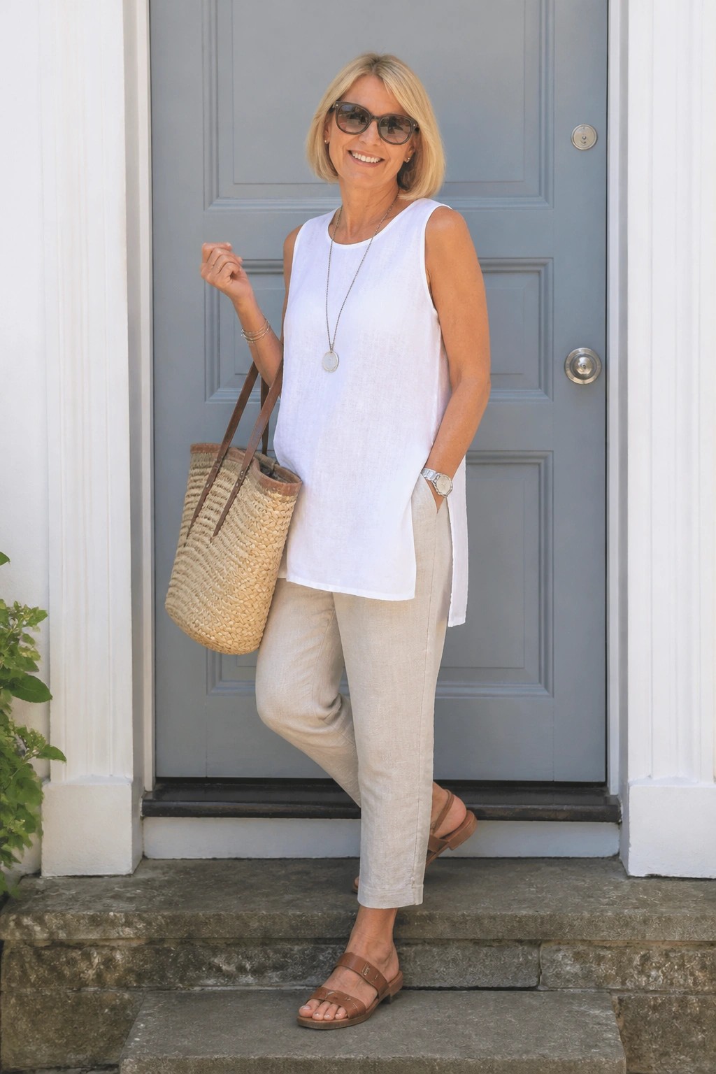 Smiling blonde woman in white top and beige pants holding straw bag on steps