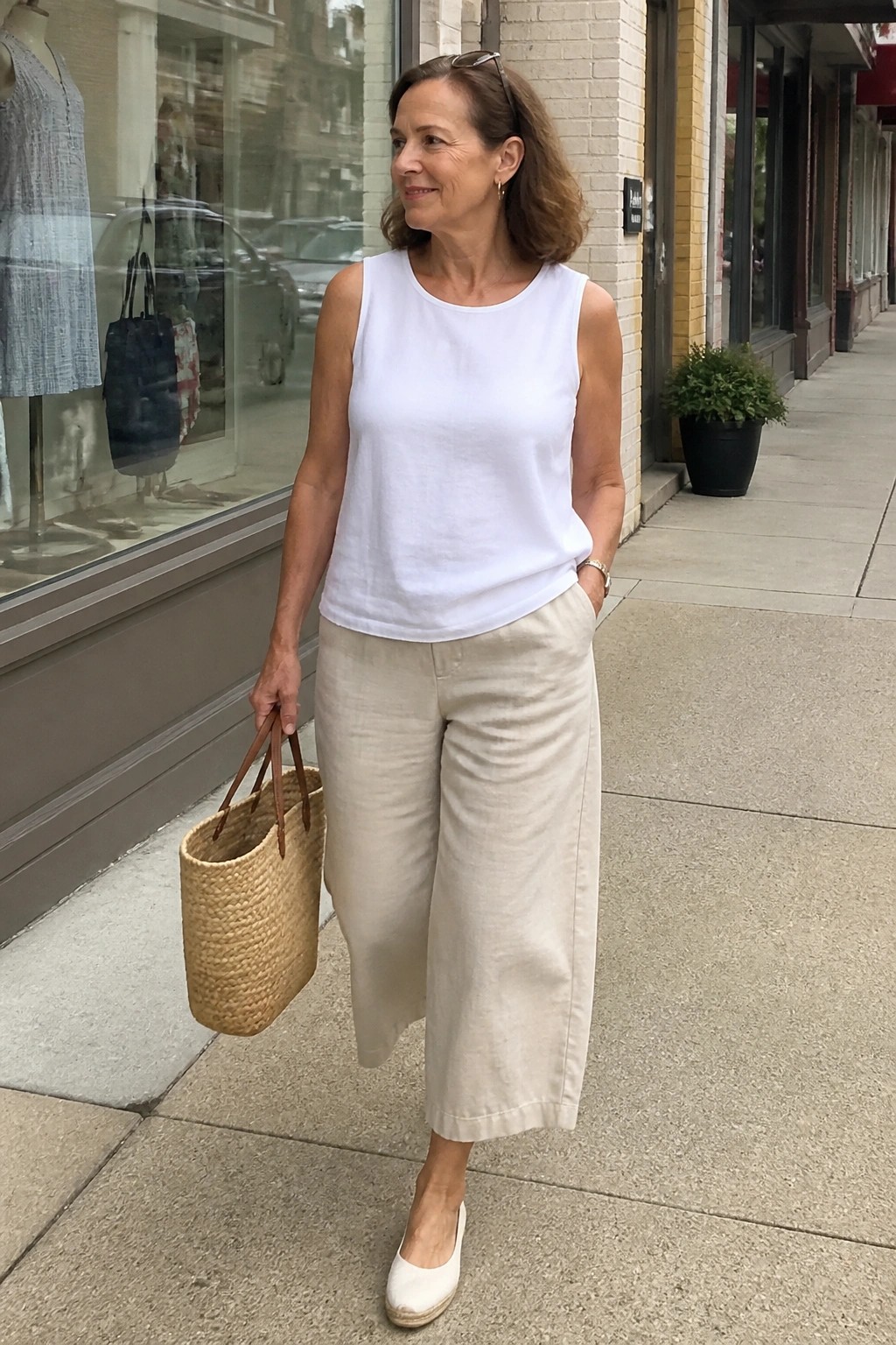 Woman in white sleeveless top and beige wide-leg pants holding straw tote on sidewalk