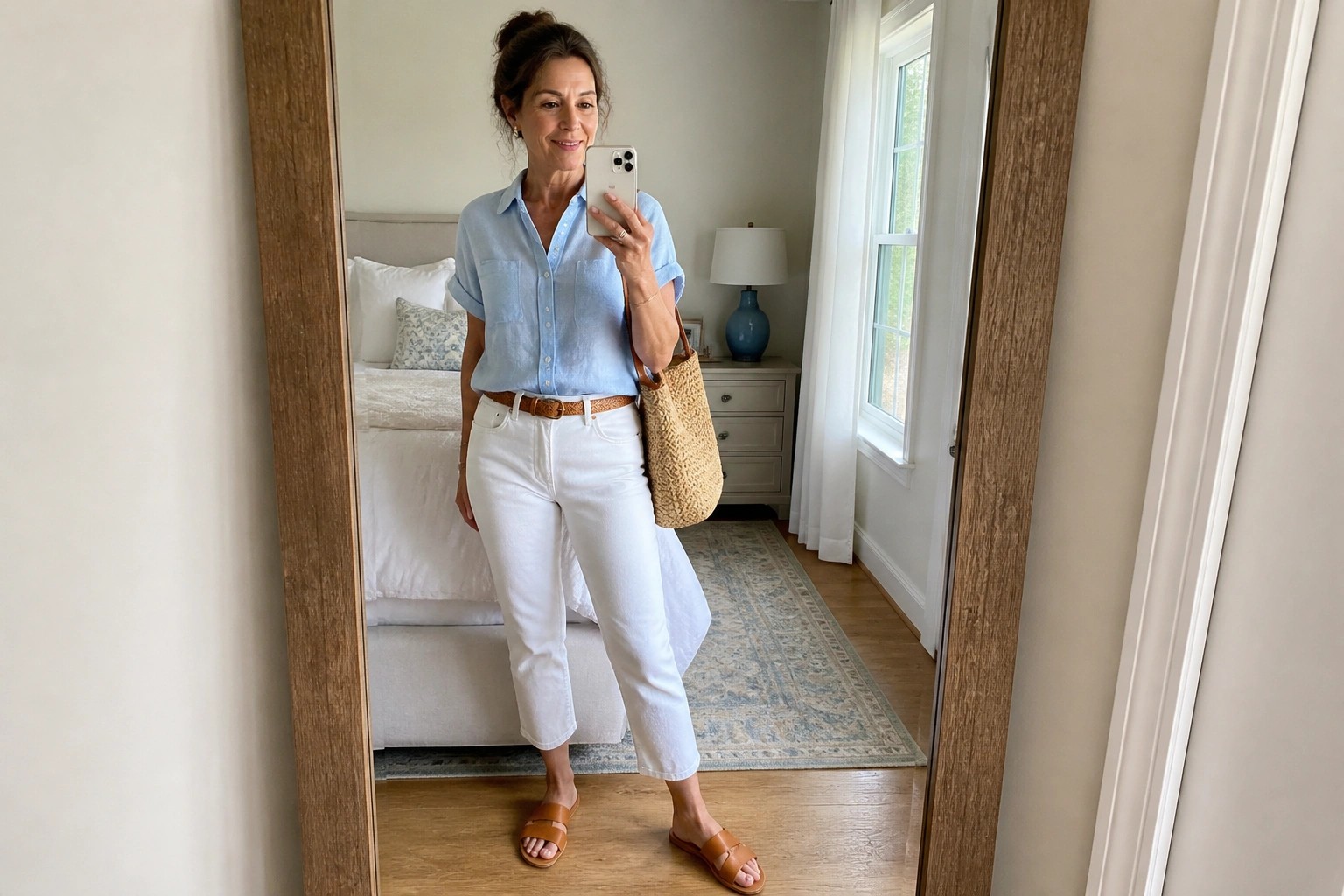 A woman over 50 in a light blue short sleeve button up shirt tucked into white cropped jeans with a woven brown belt, brown cross strap sandals, layered gold necklaces, and a large straw tote bag while taking a mirror selfie.
