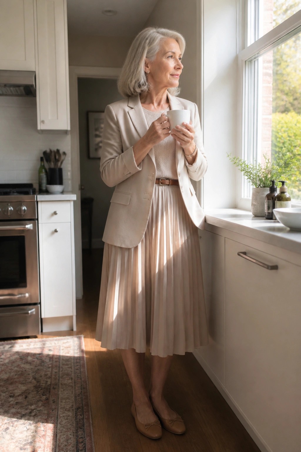 Gray-haired woman in beige blazer and pleated skirt holds mug in sunlit kitchen