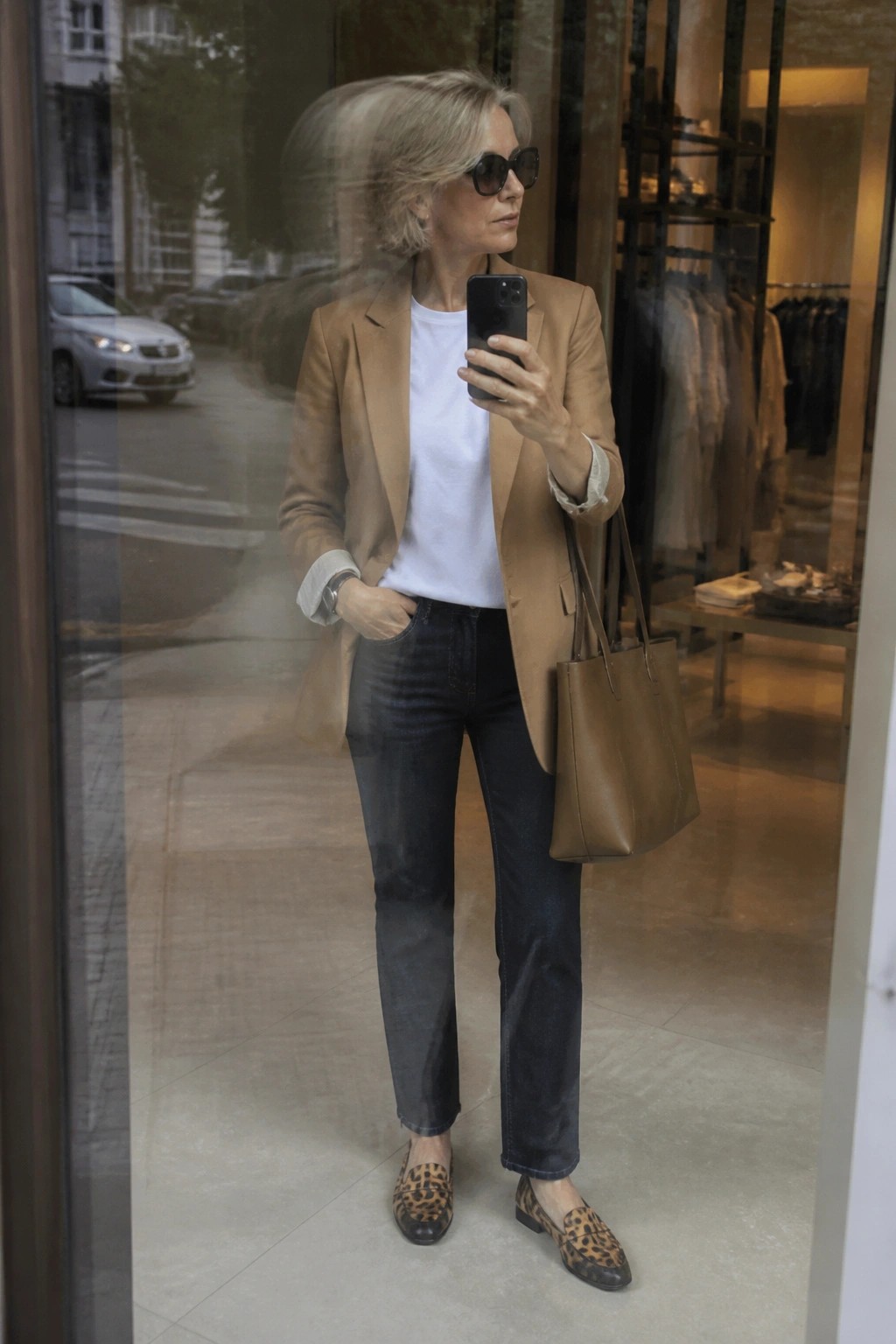 Blonde woman in tan blazer and leopard loafers taking phone selfie in shop window