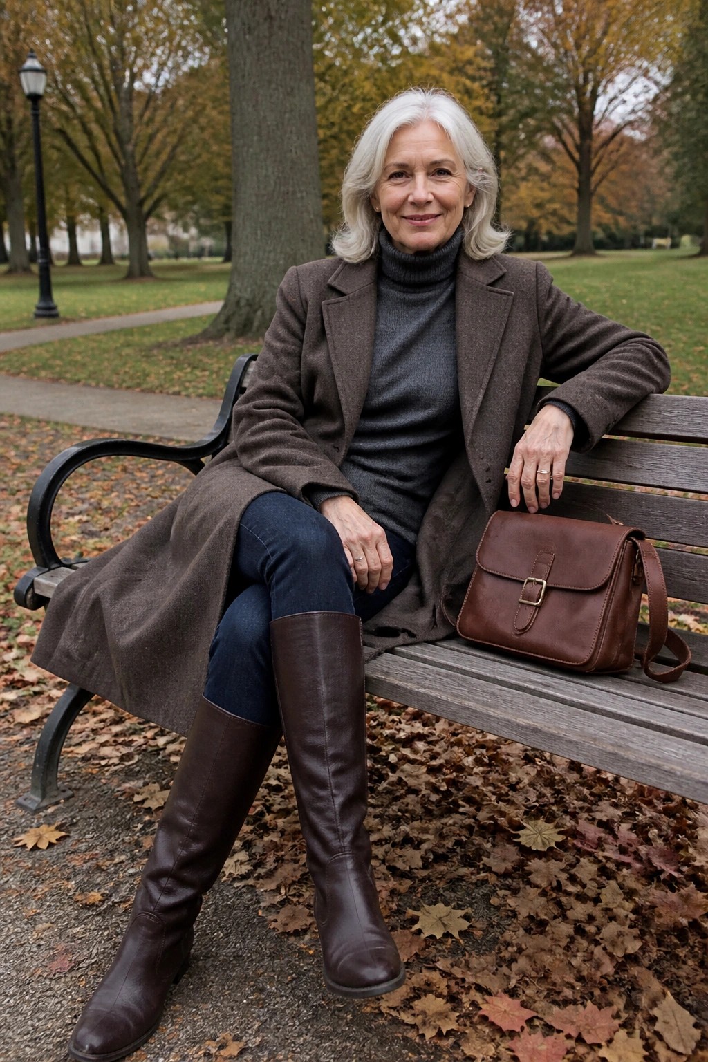 Woman with white hair in a long brown wool coat over gray turtleneck sweater blue jeans and dark brown knee high leather boots seated on a wooden bench with matching brown leather bag beside her.