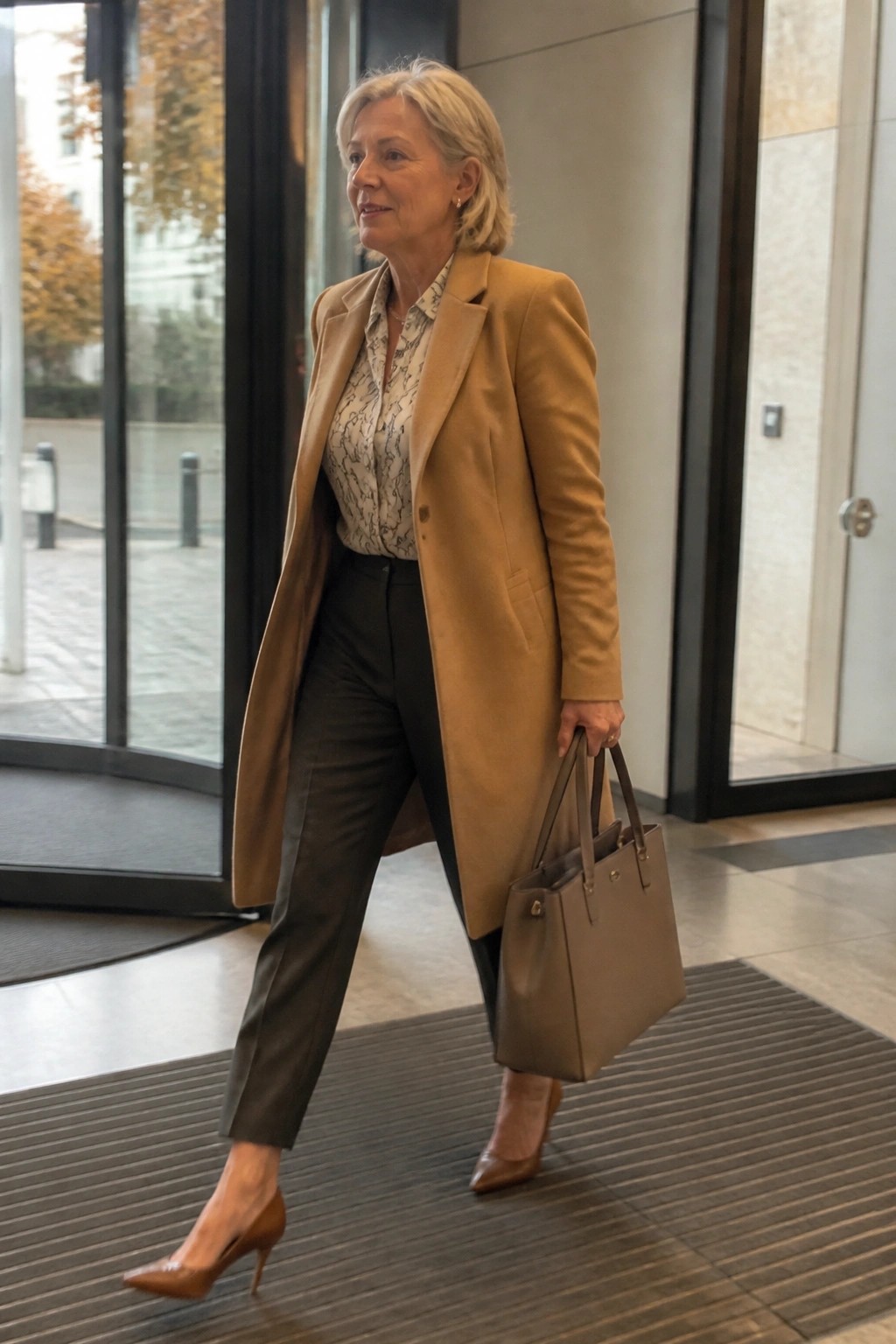 Woman wearing a long camel coat over a patterned blouse and dark trousers with brown pointed heels and a taupe handbag.
