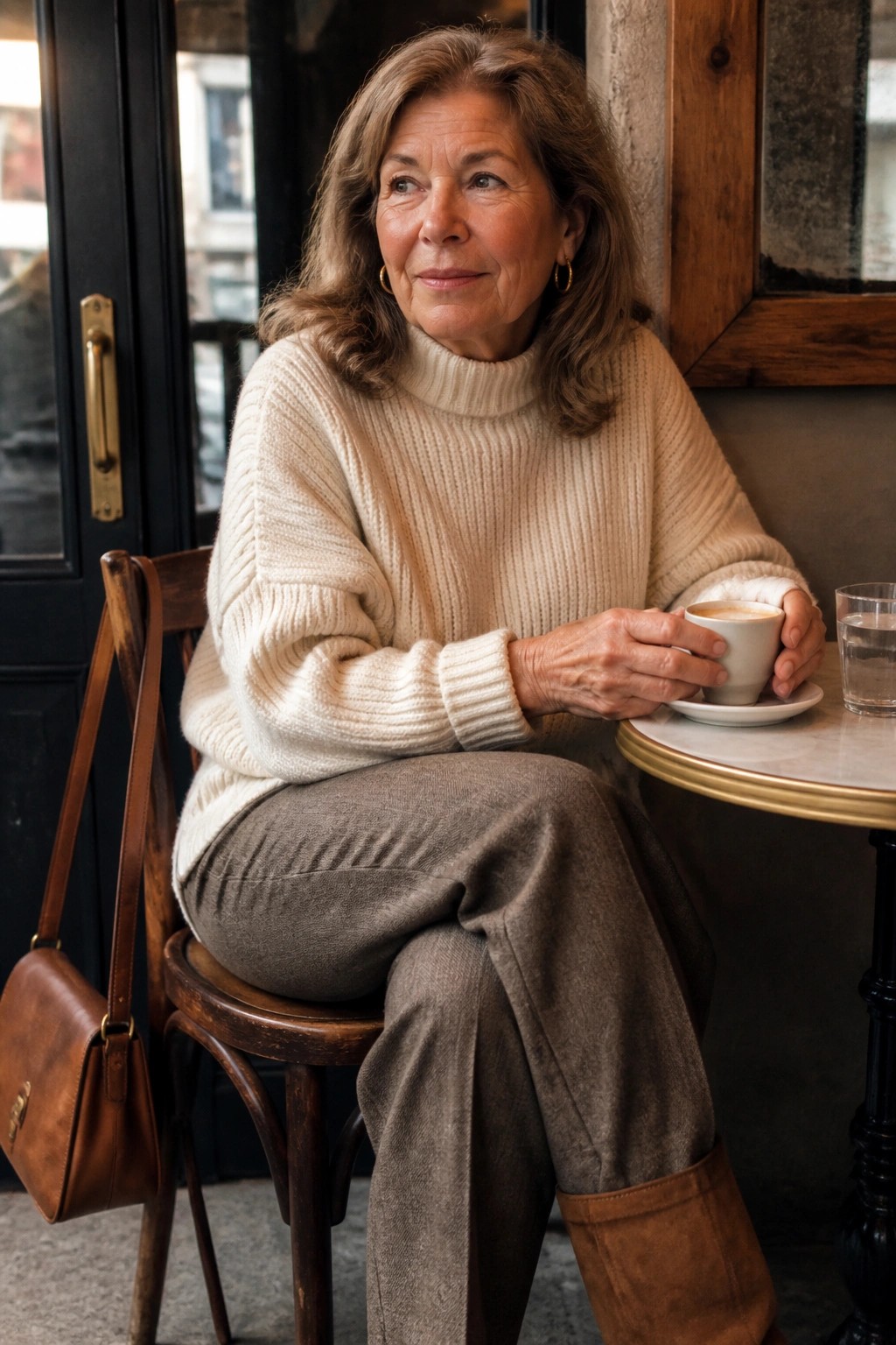 Older woman in cream turtleneck holding coffee at cafe table with brown handbag