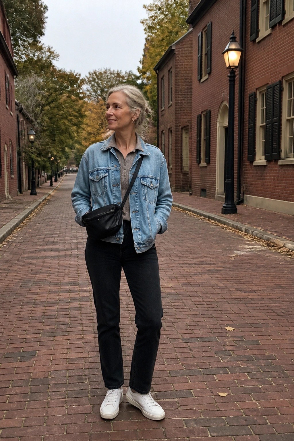 Woman wearing a light blue denim jacket over a gray sweater, black jeans, white sneakers, and a black crossbody bag on a brick street.