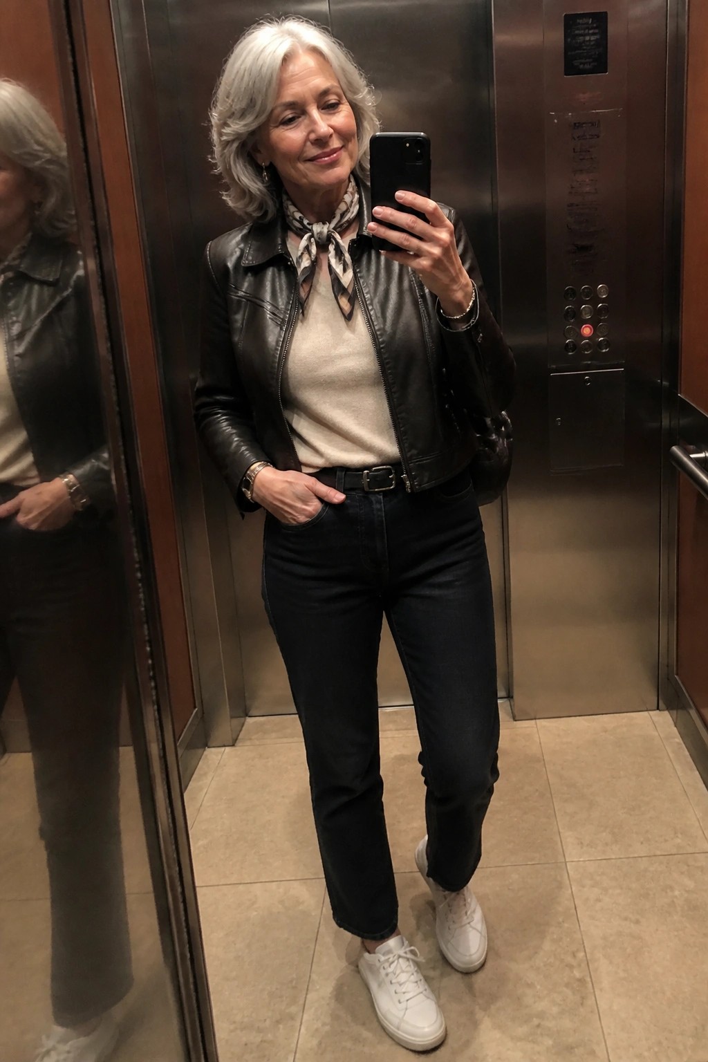 Woman with gray hair in black leather jacket taking elevator mirror selfie