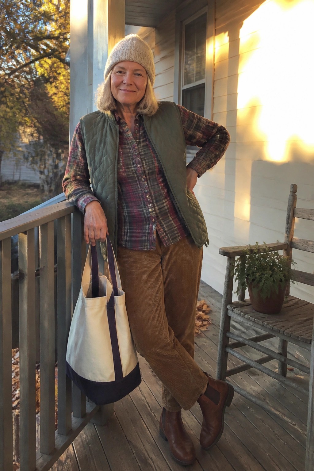 Woman in green vest and plaid shirt holds tote bag on sunny porch