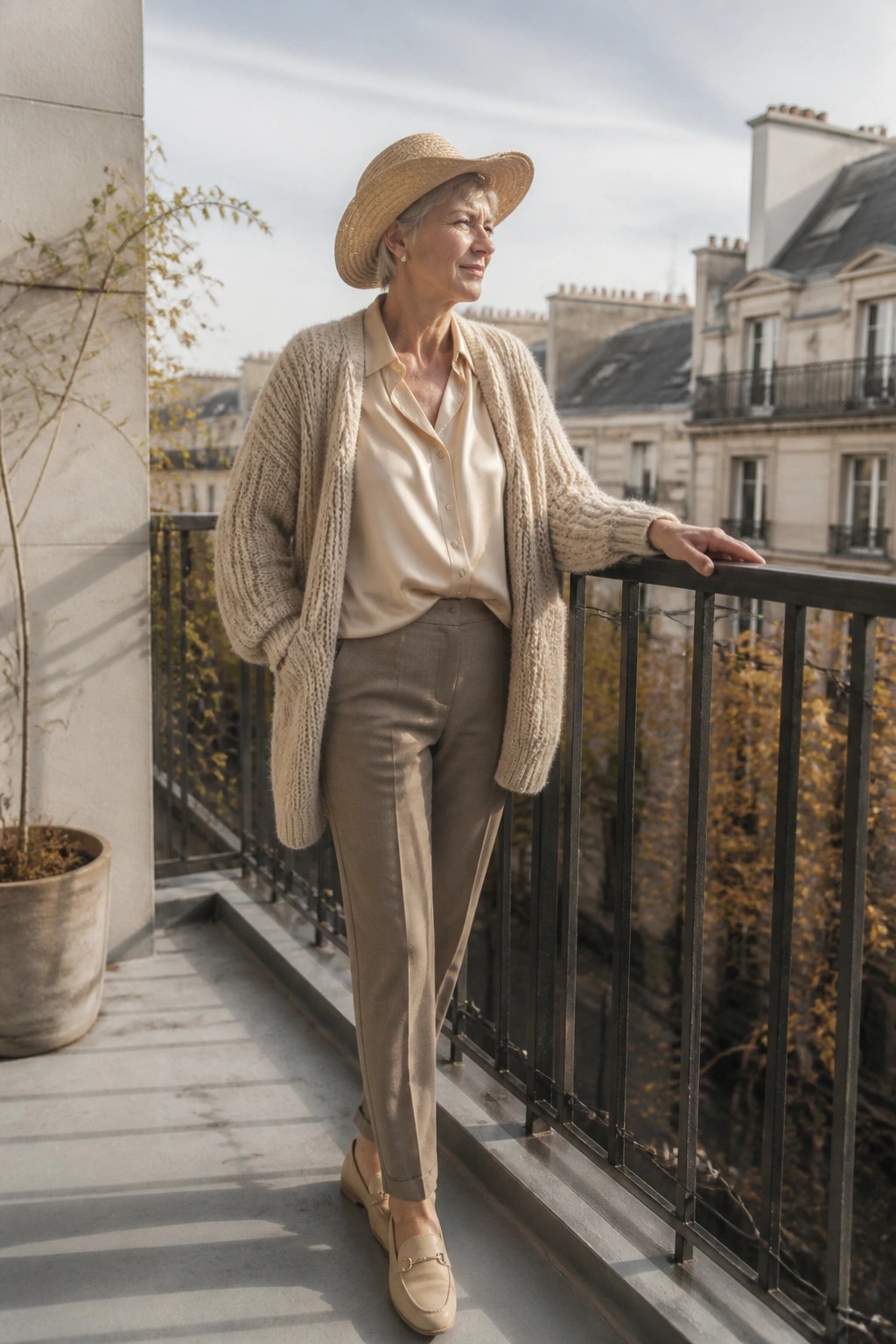 Woman in straw hat and beige cardigan leaning on sunny balcony railing.