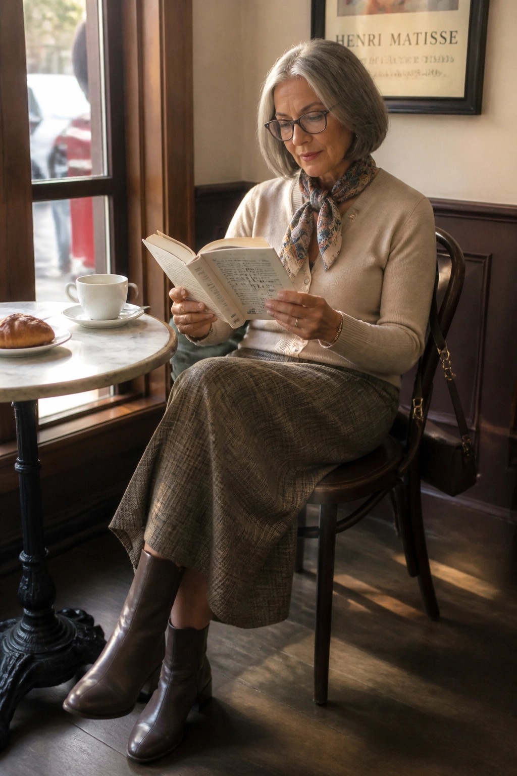 Gray-haired woman in beige cardigan reads book at cafe table with coffee and croissant