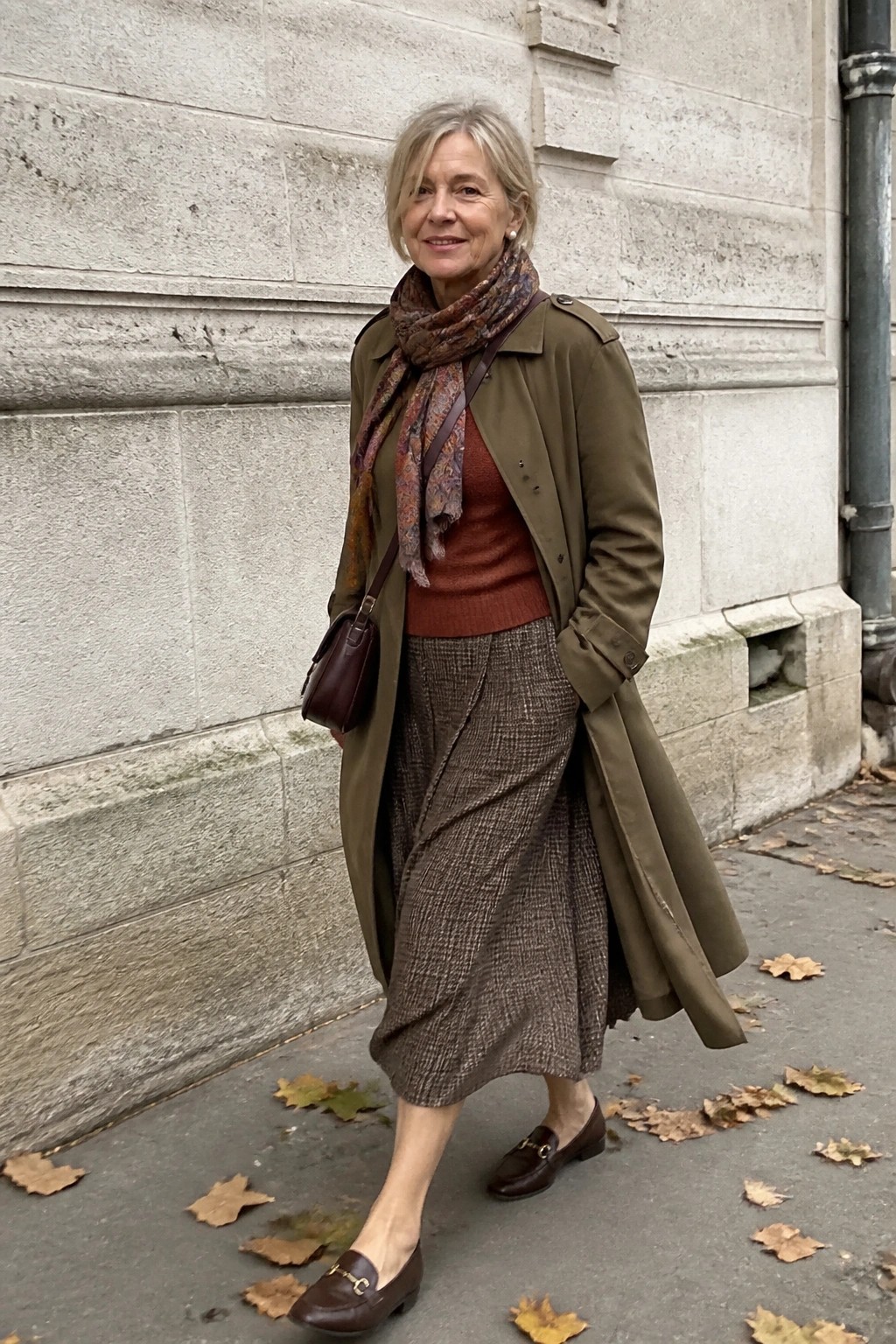 Elderly woman in olive trench coat, tweed skirt, and autumn scarf amid fallen leaves.