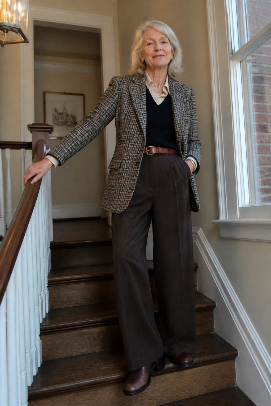 Elderly woman in tweed blazer and brown trousers on wooden staircase.