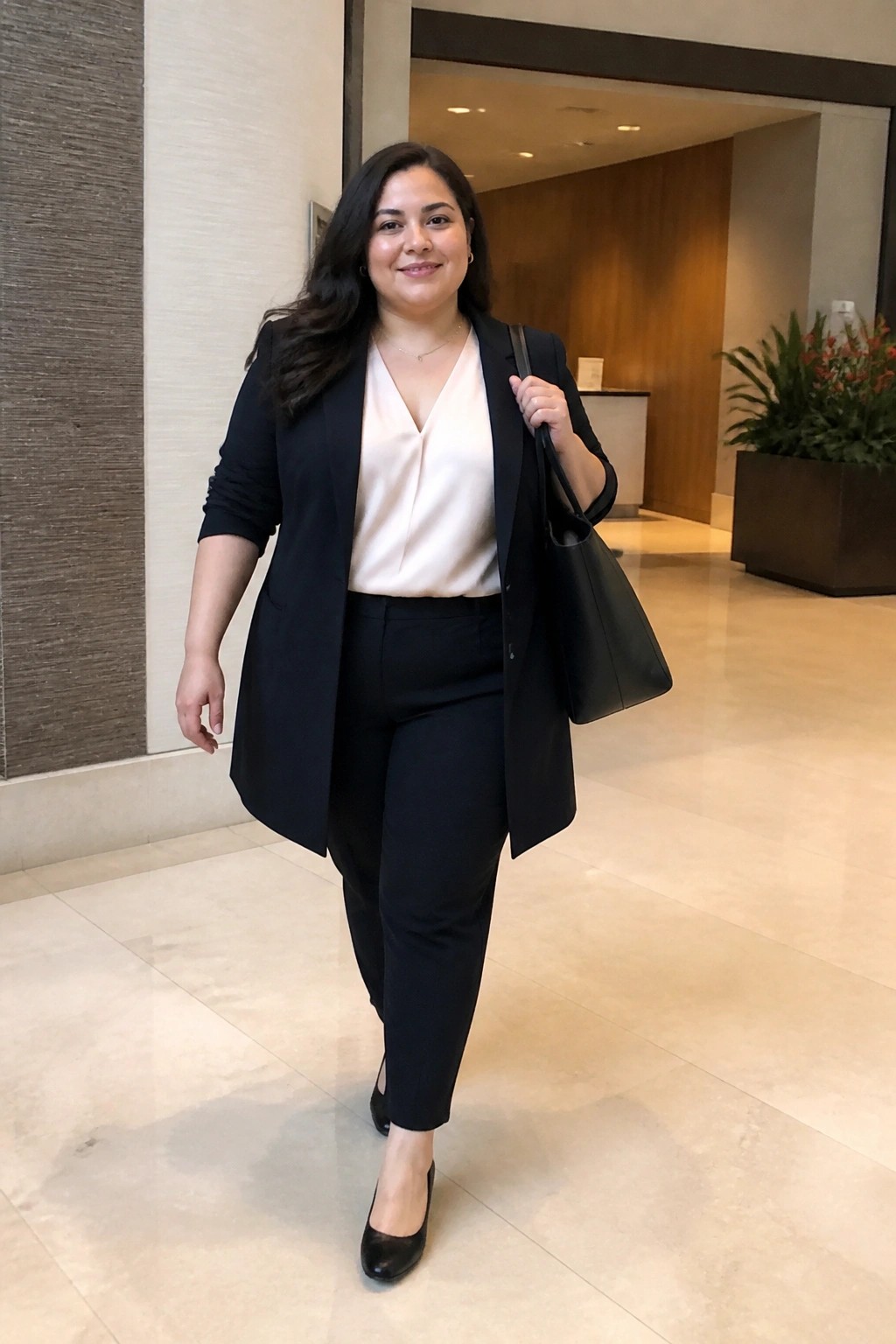 Woman with long dark hair in black blazer over white blouse carrying black bag