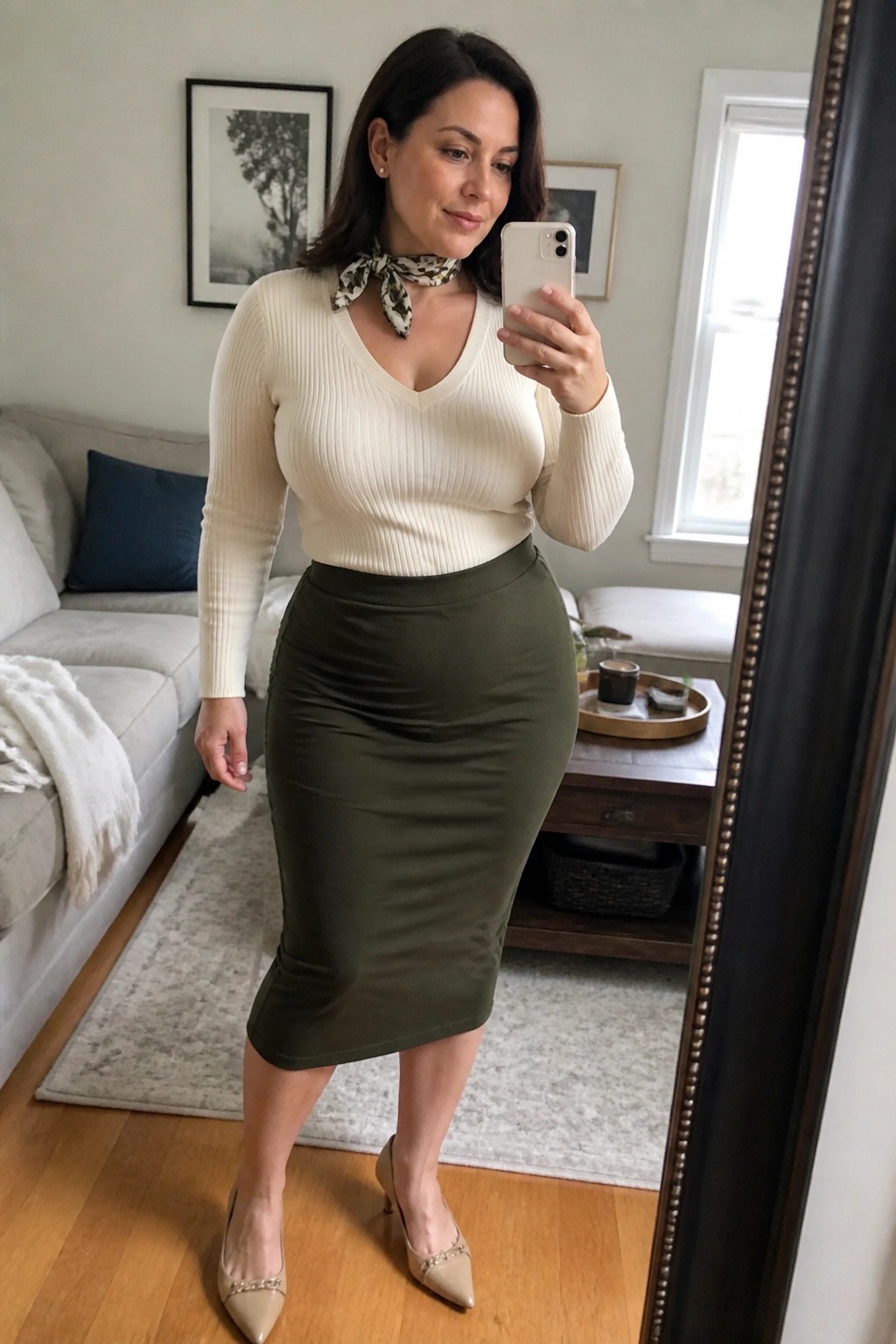 Woman in cream ribbed V-neck sweater tucked into olive green pencil skirt with beige studded heels and patterned scarf taking a mirror selfie indoors.