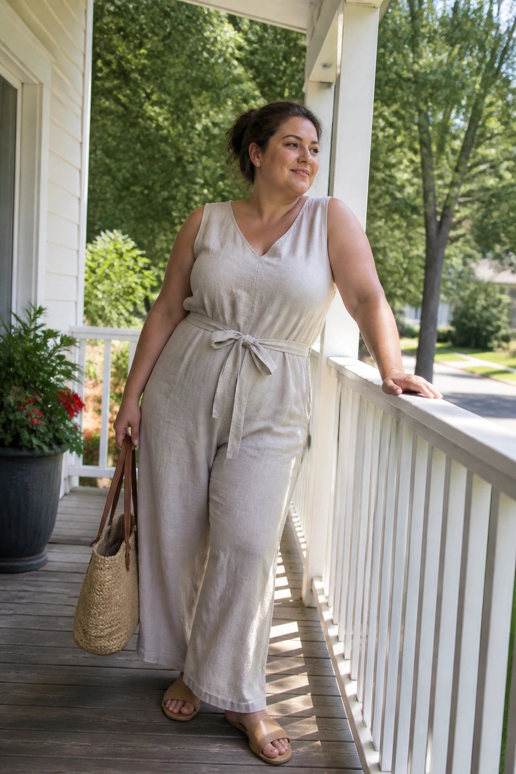 Woman in beige linen jumpsuit holding straw tote on sunny porch railing