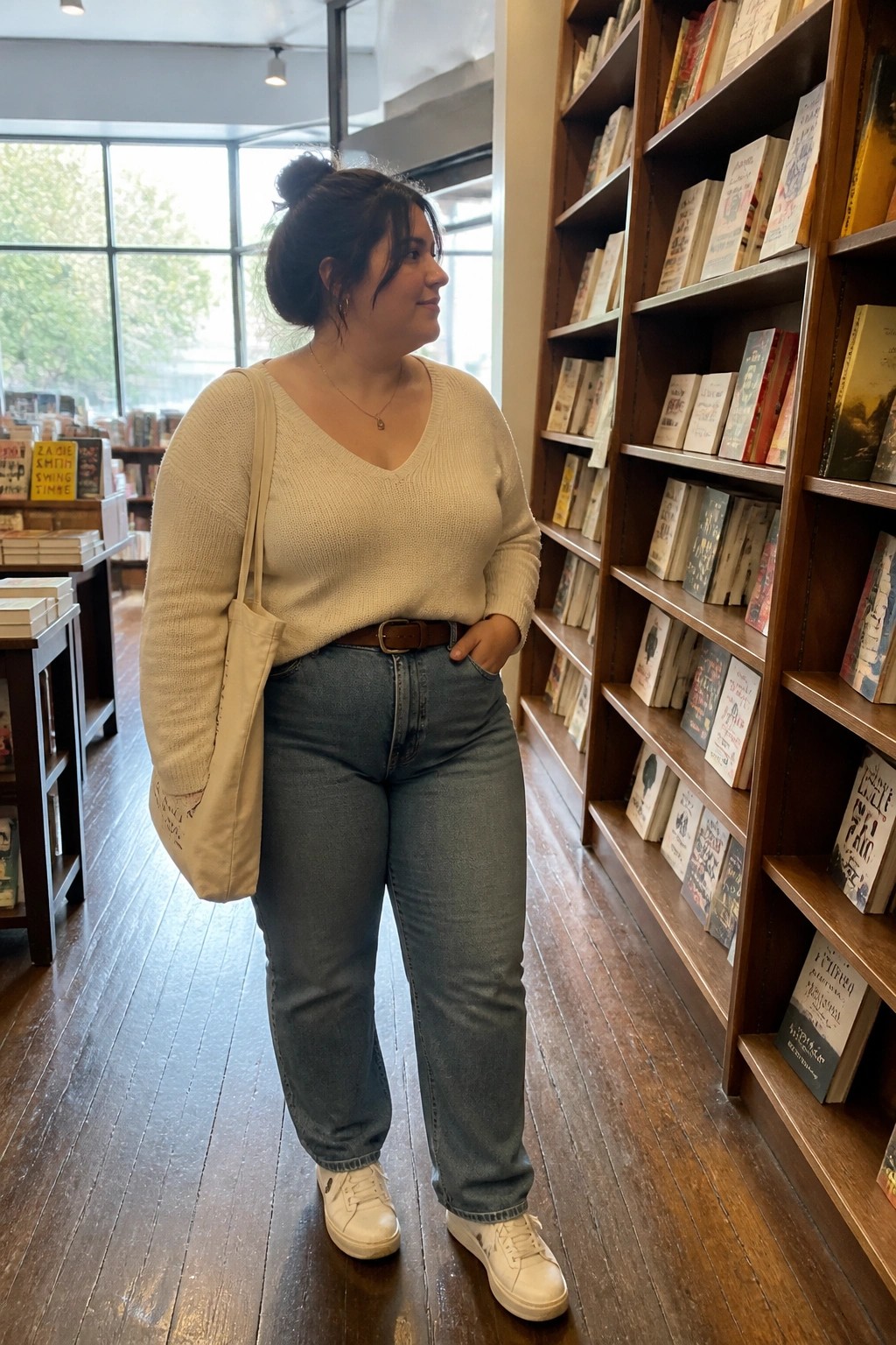 Woman in beige sweater and blue jeans with tote bag in bookstore
