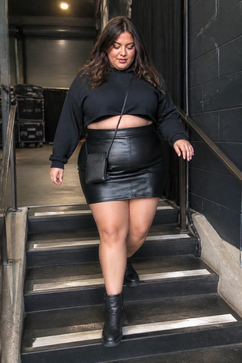 Plus-size woman in black cropped hoodie and leather skirt descending stairs