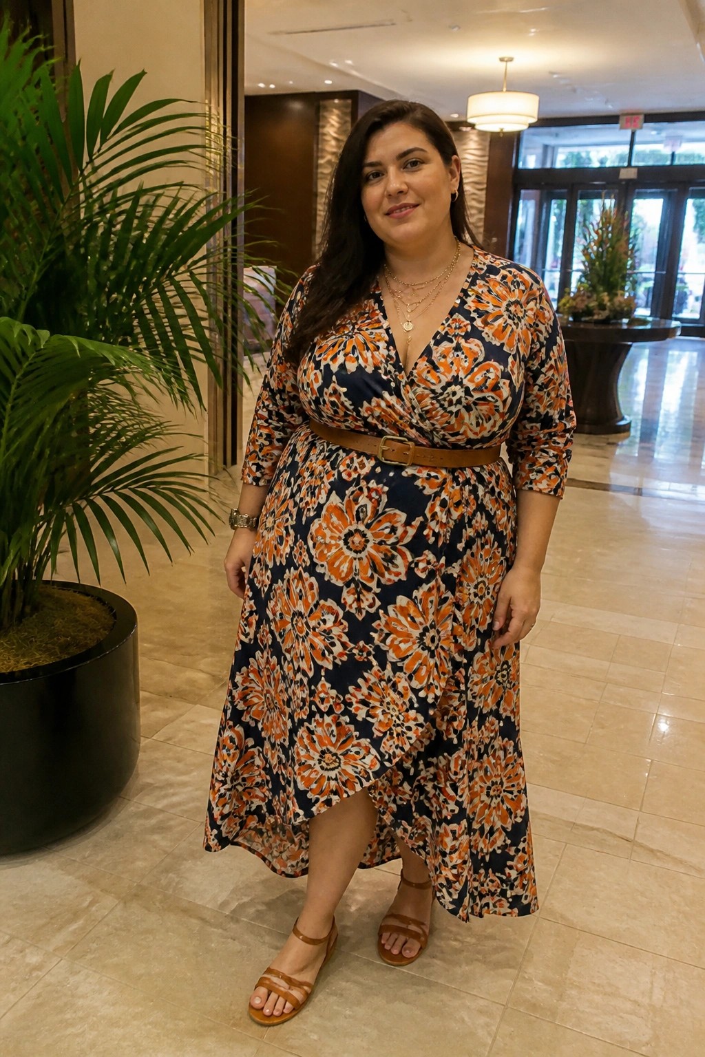 Woman in navy orange floral wrap dress with belt in marble lobby