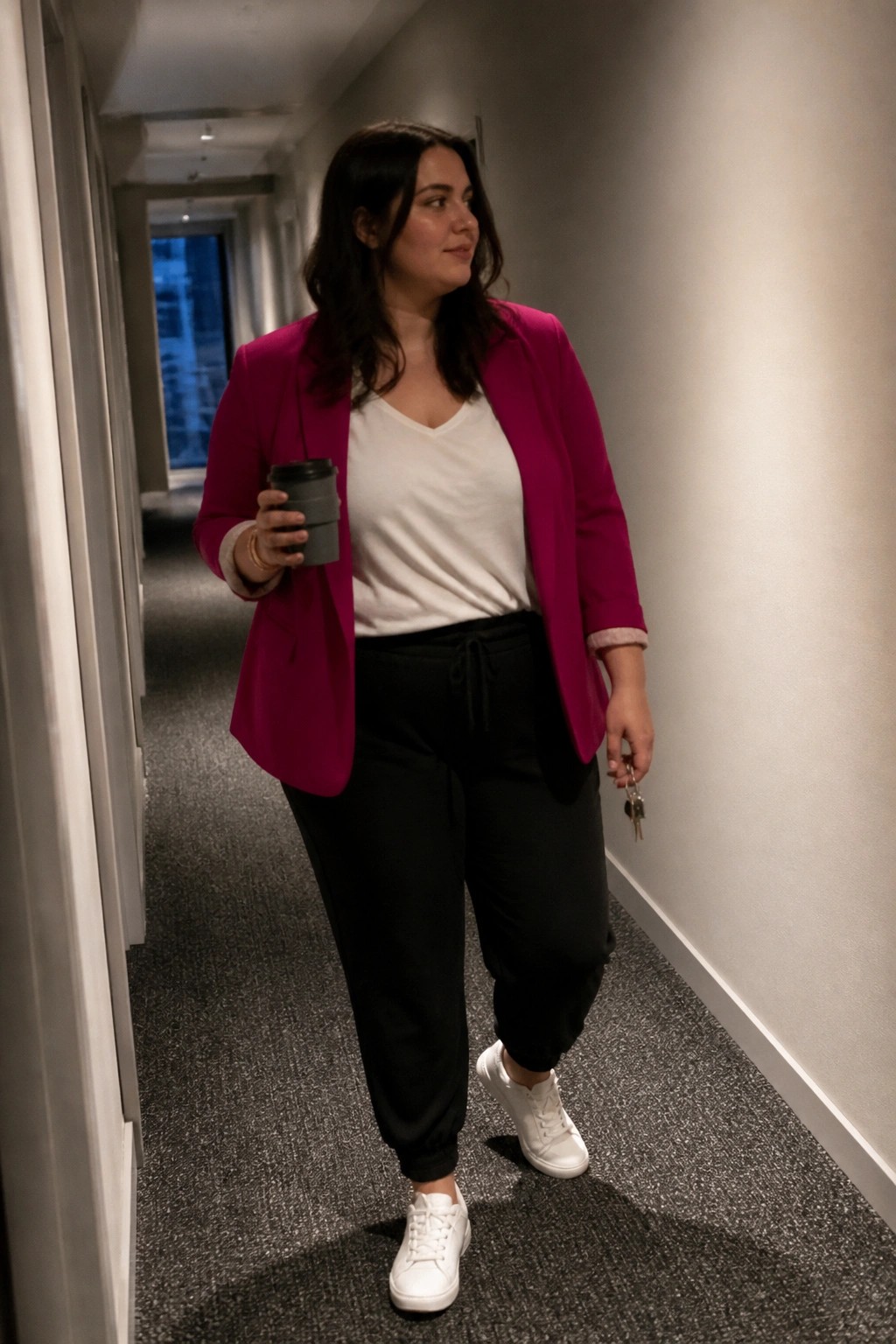 Woman in magenta blazer walks hallway holding coffee cup and keys.