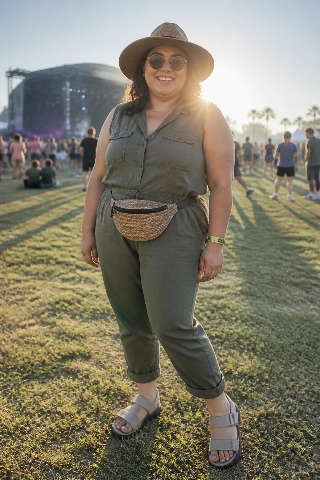 Woman in green jumpsuit and hat smiles at sunny outdoor music festival