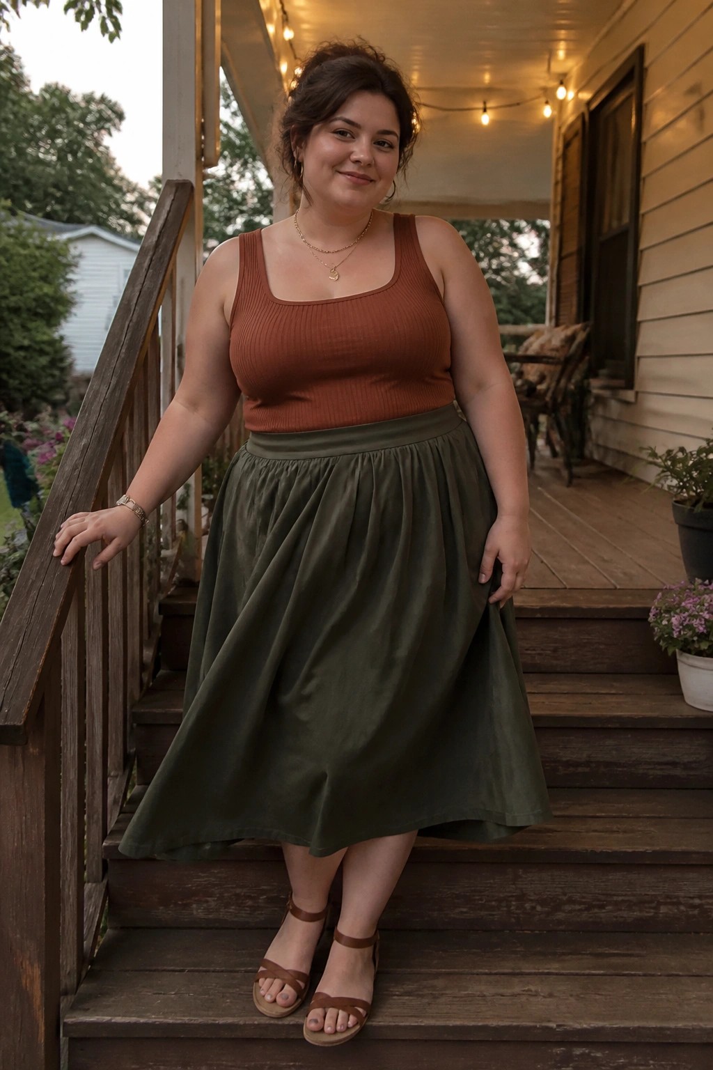Woman in rust tank top and olive skirt on wooden porch steps