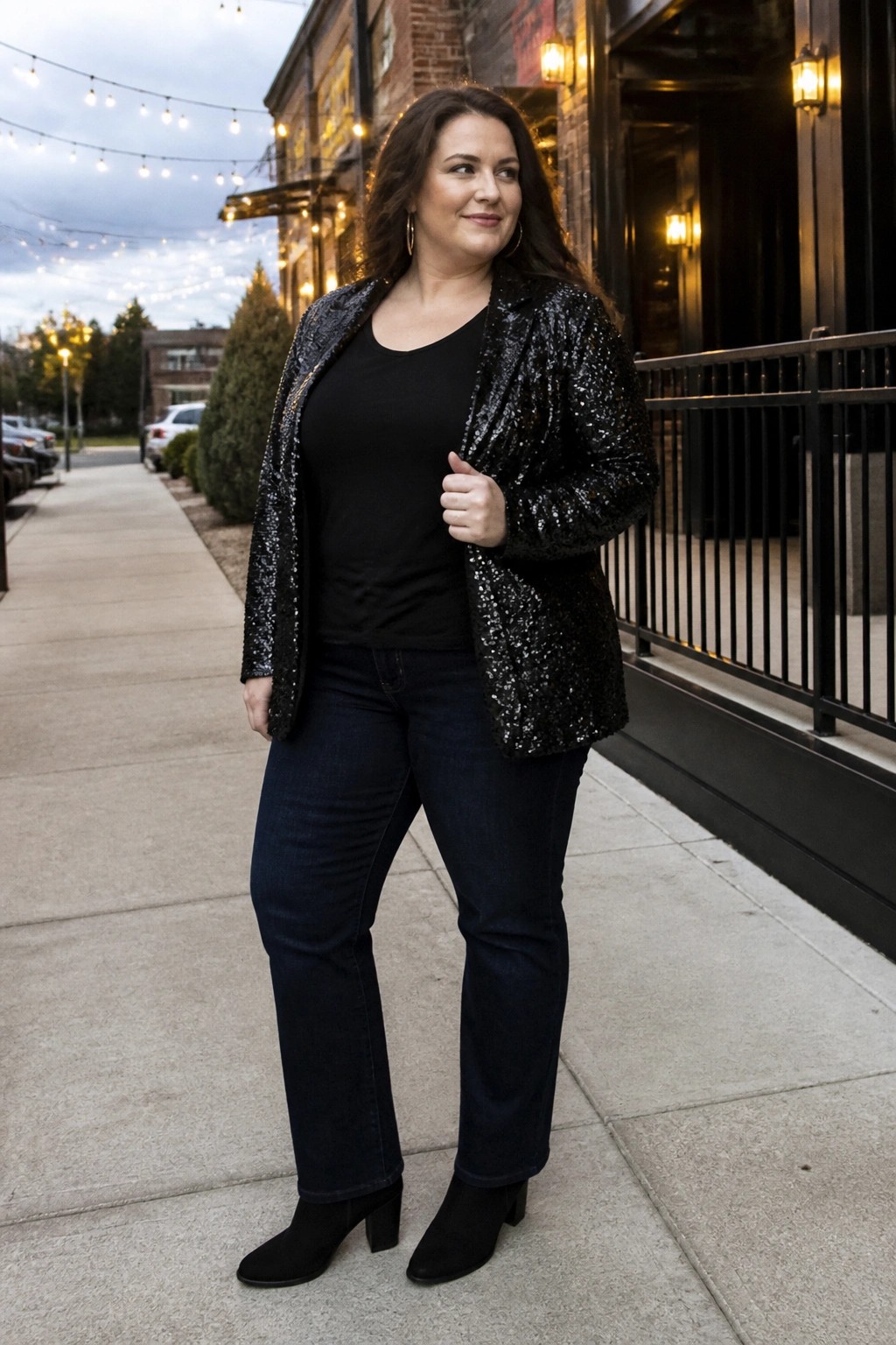 Plus size woman in a black sequin blazer over a black top paired with dark jeans and black ankle boots.