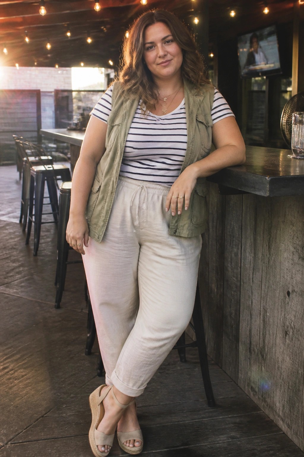 plus size woman in black and white striped tee layered under olive utility vest with beige drawstring pants and wedge sandals