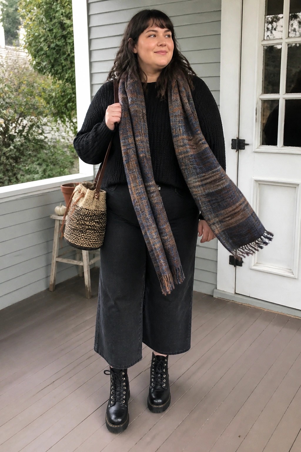 Woman in black sweater, plaid scarf, wide pants, and boots holding woven bag on porch