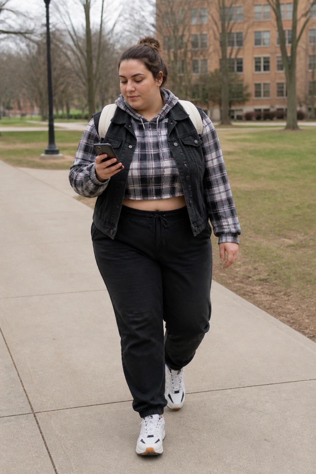 Plus size woman in layered plaid shirt over black denim vest with cropped hoodie black joggers and white sneakers walking on pavement while checking phone